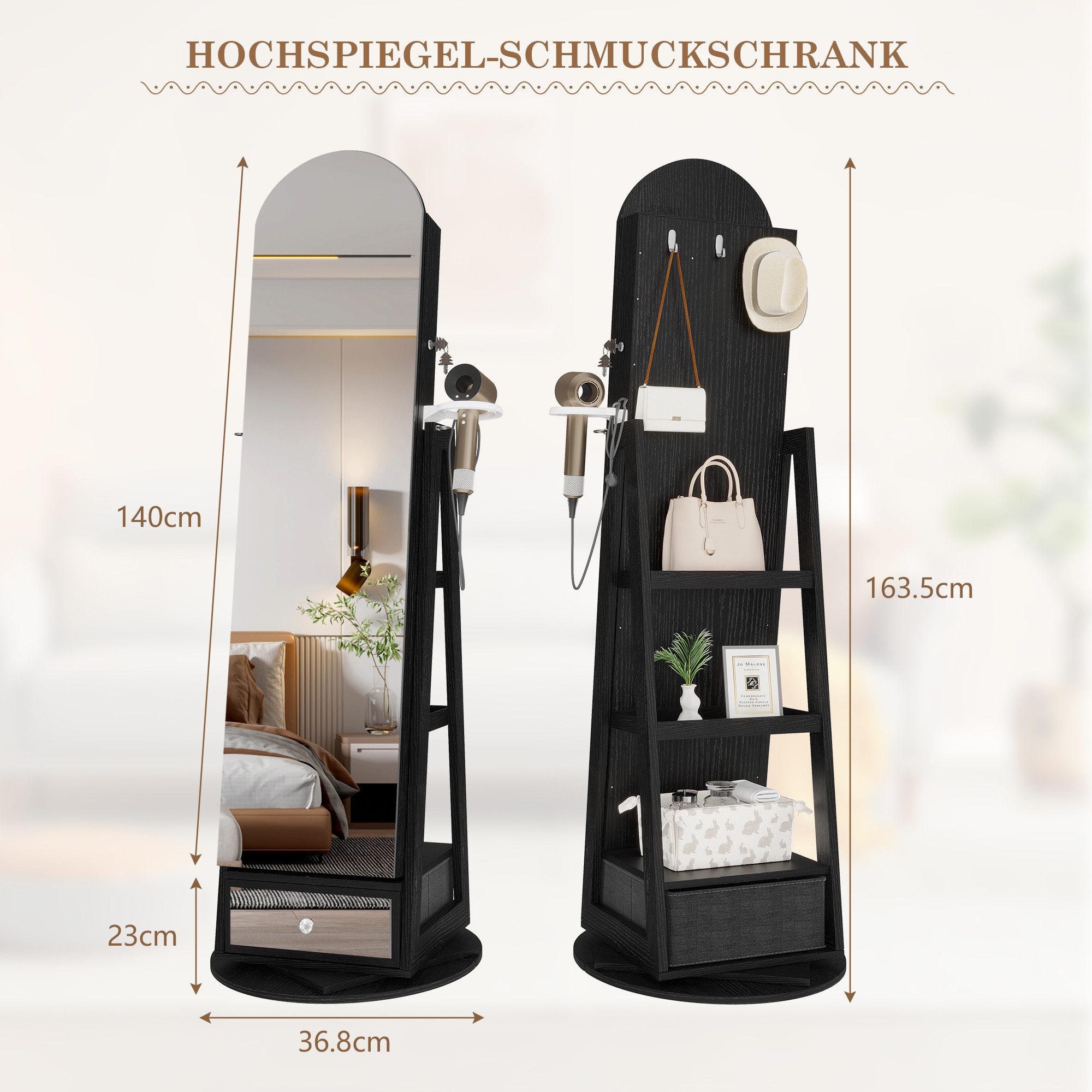LVSOMT Schmuckschrank 360° Drehbar, LED Bogen Schmuckschrank mit Spiegel, 163x37cm Stehender Holzschrank mit 3-stufigem Regal