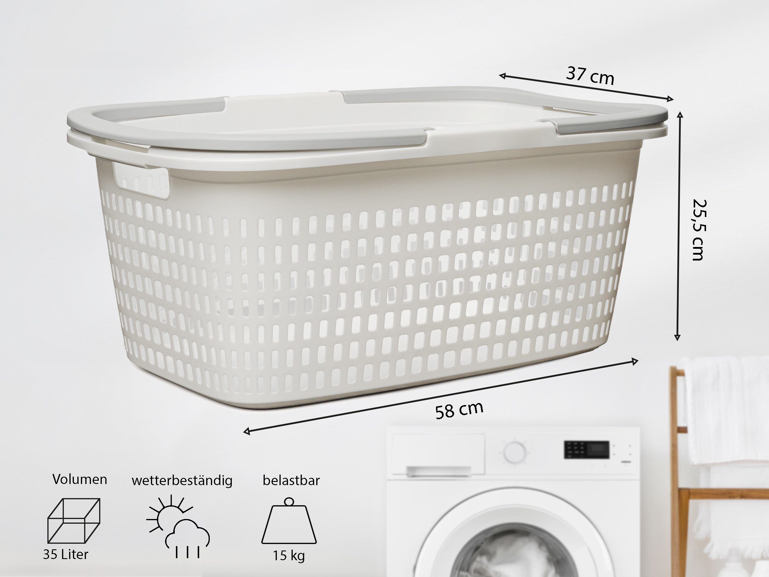 Hausfelder Wäschekorb Wäschewanne 58x37x25cm (Weiß, 2 Körbe + 2 Wannen, 35 l) (Set, 4 St., 1 x Wäschekorb + 1 x Wäschewanne), mit klappbaren Henkeln, mit Griffe – Bild 4 von 5