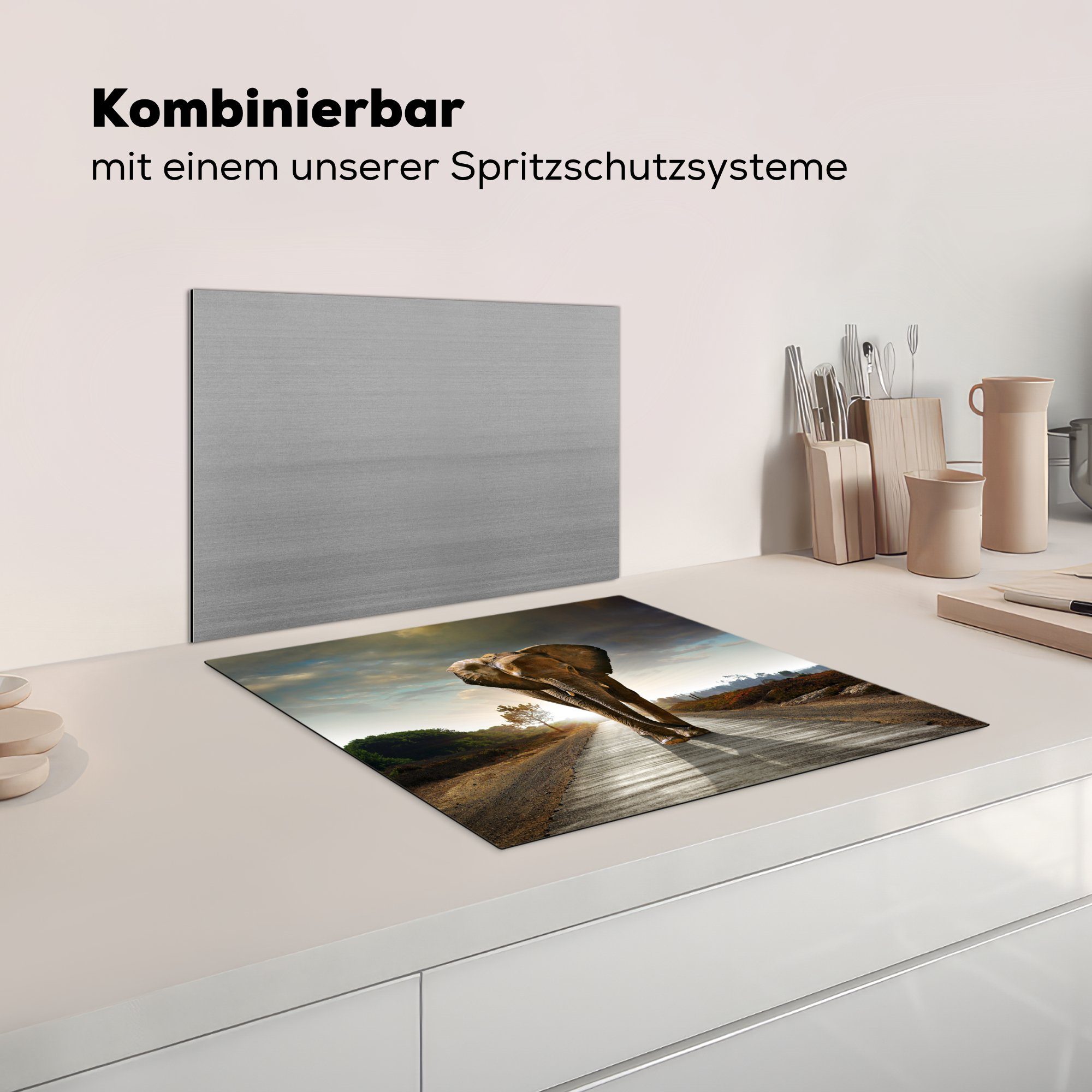 Vinyl, Sonnenuntergang MuchoWow Herdblende-/Abdeckplatte Landschaft, Induktionskochfeld, Ceranfeldabdeckung cm, - Induktionsschutz, Tiere 59x51 - - - Straße (1 tlg), Elefant