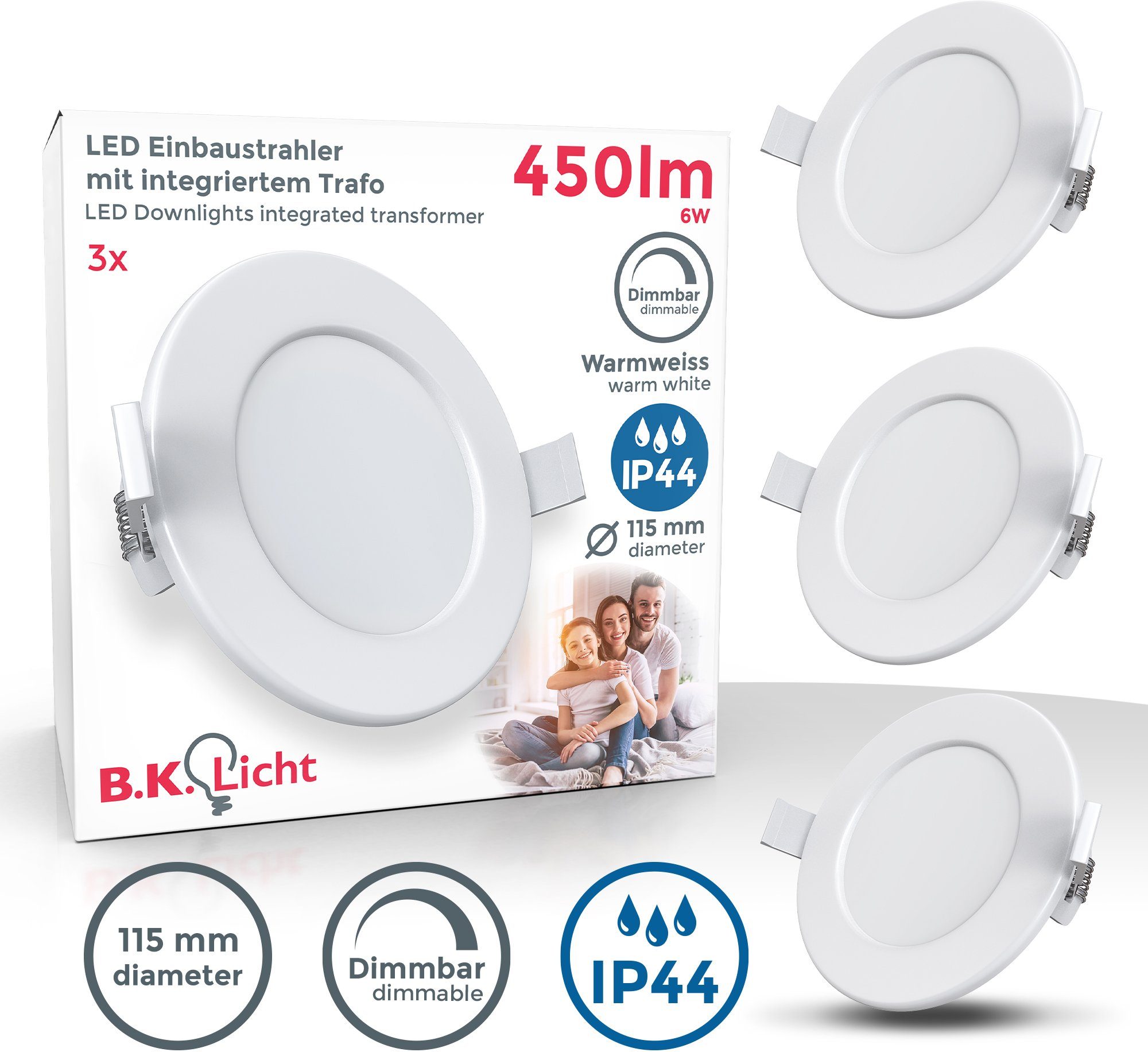 B.K.Licht LED Warmweiß, Einbauleuchten, Bad, integriert, Deckenspots, fest IP44 weiß, dimmbar, Einbauspots, Einbaustrahler, LED