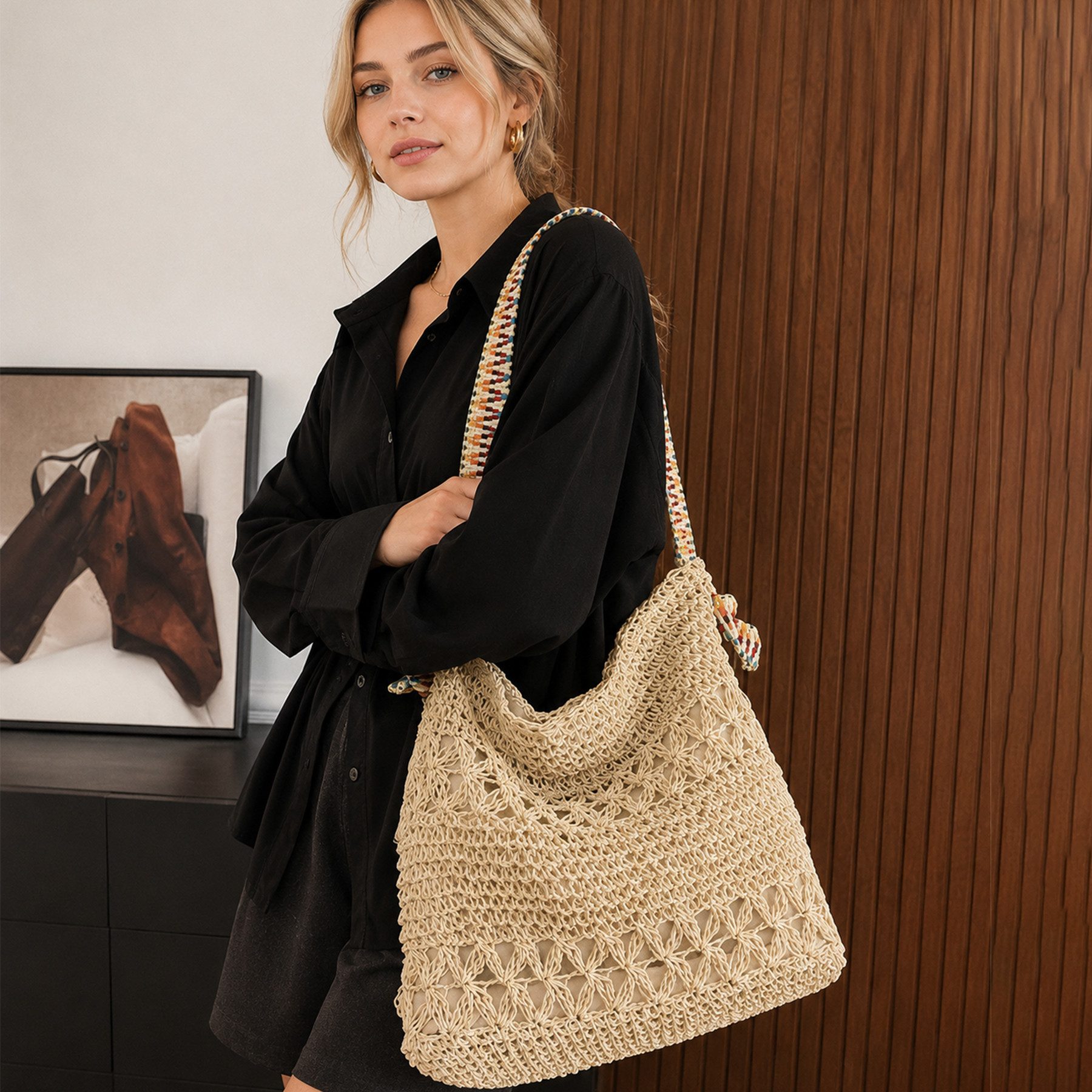 Mutig Strandtasche Sommer Strandtasche Damen Boho Häkeltasche Strand Mesh Tragetasche (Strohtasche Beach Handtasche Leicht Umhängetasche Vintage Sommertasche, R – Bild 3 von 5