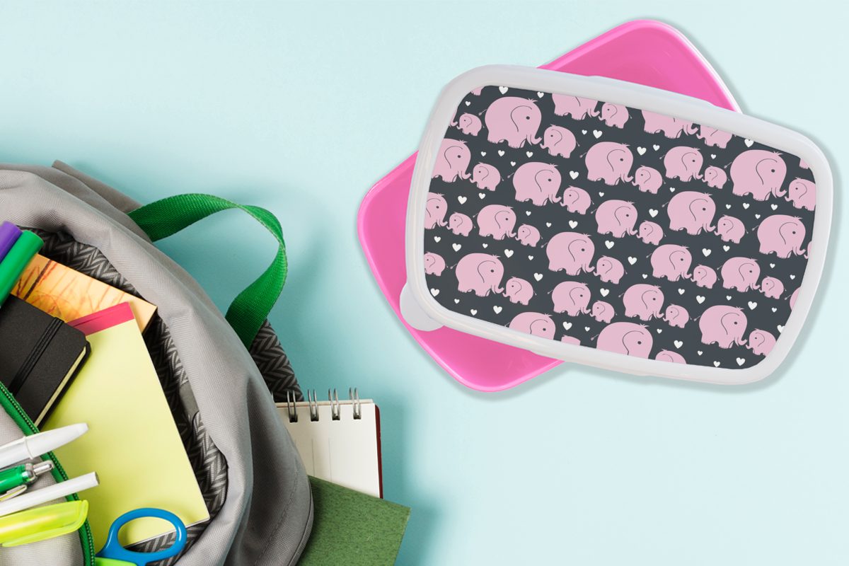 MuchoWow Lunchbox Elefant für Mädchen, rosa Snackbox, Herz Kunststoff Erwachsene, - (2-tlg), Muster, Brotdose Brotbox Kinder, - Kunststoff