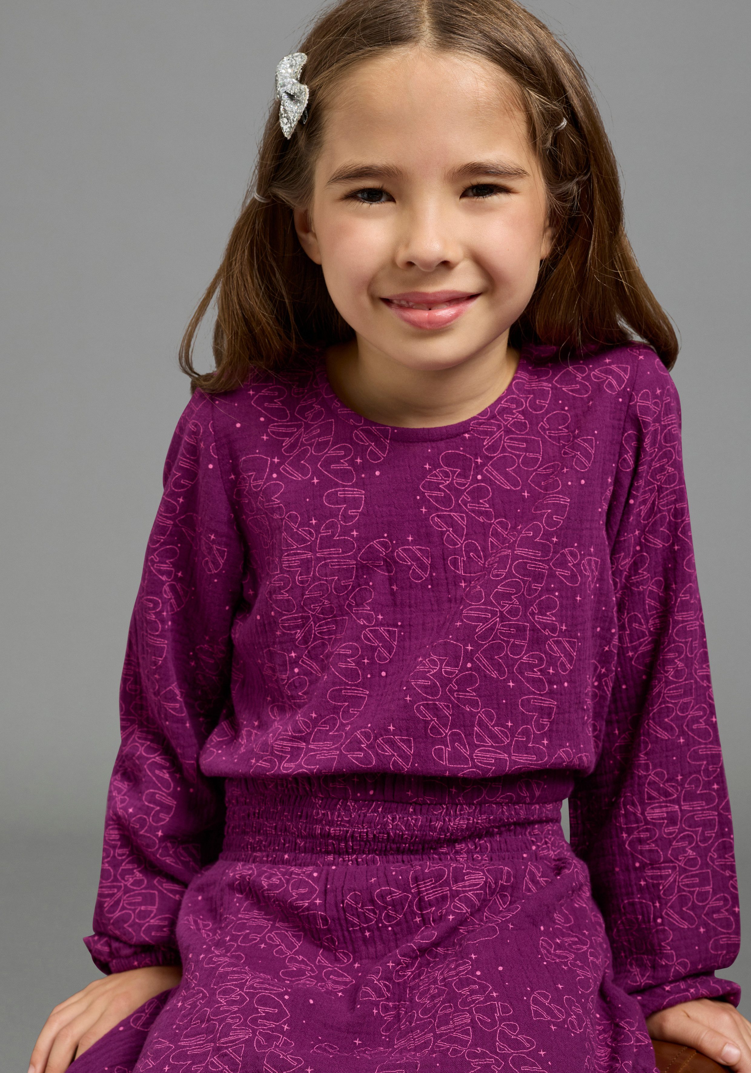 Scout Hemdblusenkleid Musselin Kleid mit allover-Herzenmuster - NEU von SCOUT für Mädchen, knielang, mit Volant am Saum, mit gesmokter Taille