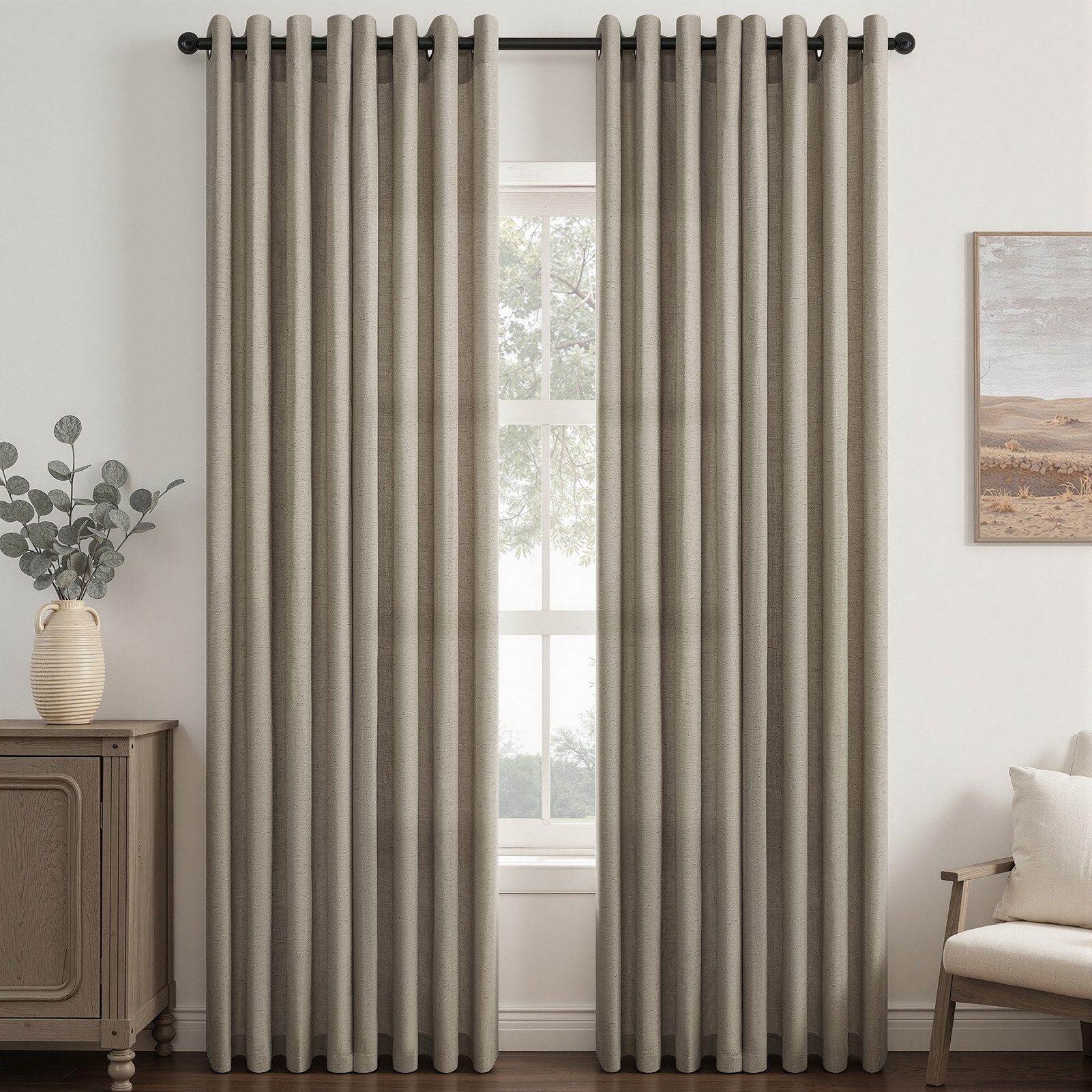 Topfinel Gardine Leinenoptik Gardinen mit Ösen Vorhänge für Wohnzimmer (2 St), Ösen, halbtransparent, vorhänge kinderzimmer halbtransparent Holzfarbe 140x245 Studie Boho