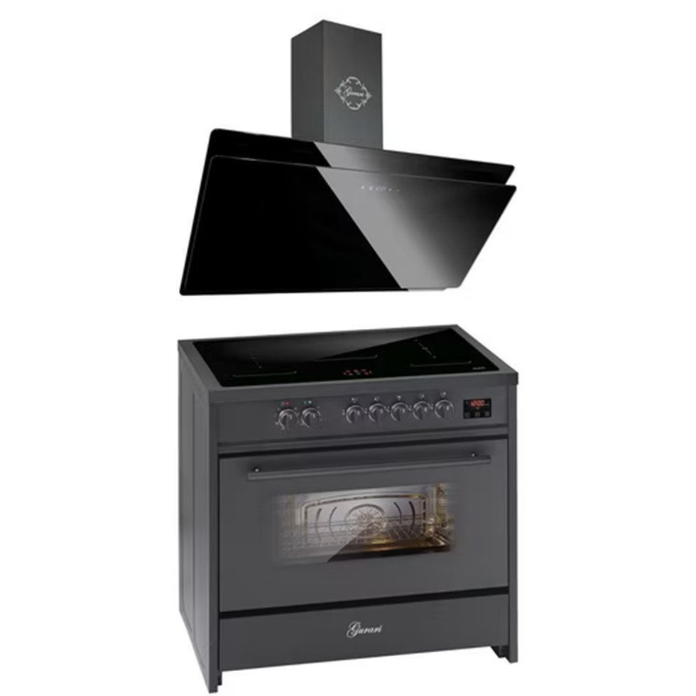 GURARI Induktions Herd-Set Standherd 90 cm in Schwarz mit Flex Zone Induktionskochfeld, Range Cooker, 5 Zonen, 121L+Dunstabzugshaube 90 cm E 913 BL+GCH S 411 90 BL PRIME N,., mit 1-fach-Teleskopauszug