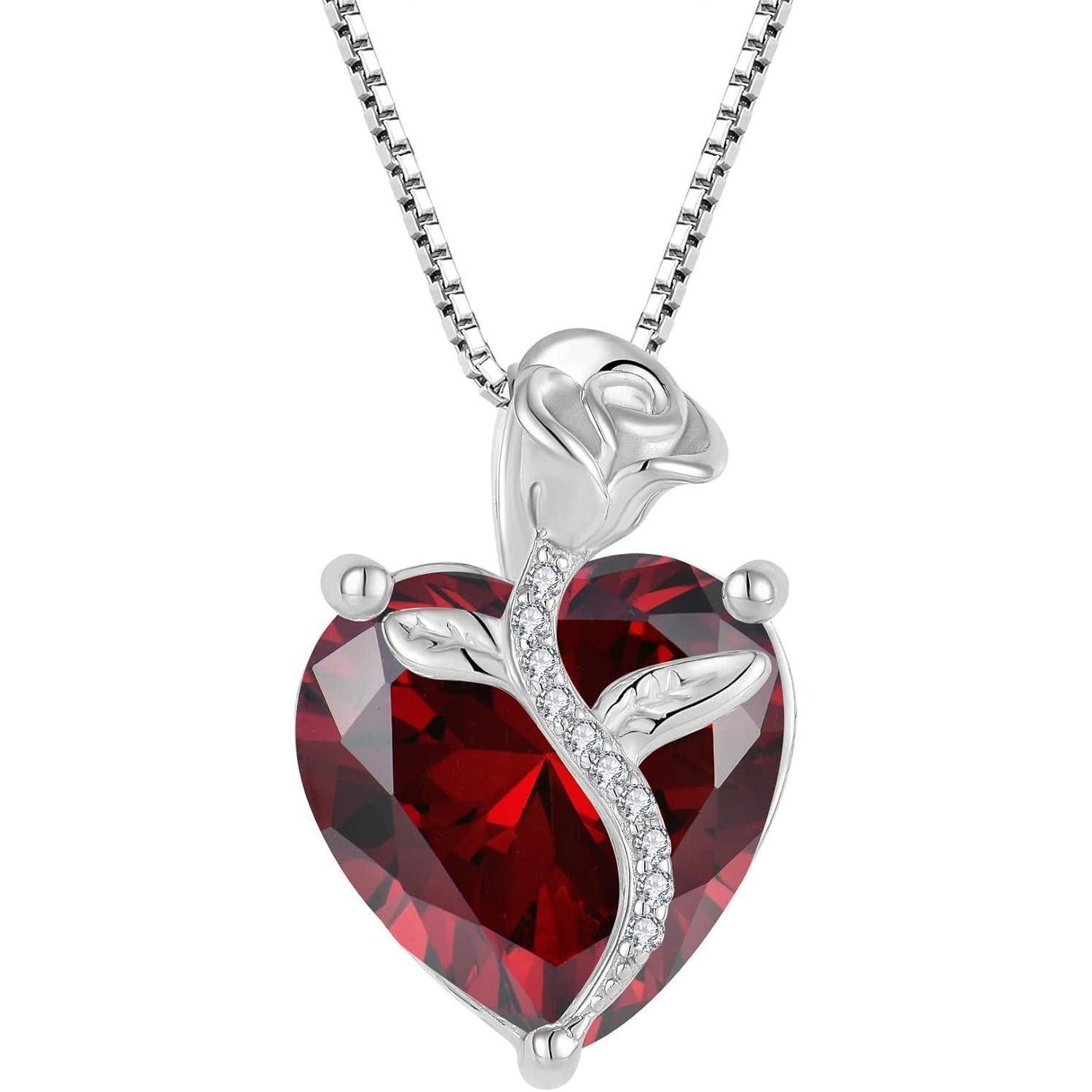 LuxusKollektion Herzkette Herz Kette Damen 925 Sterling Silber Geburtsstein Rose Blume Granat
