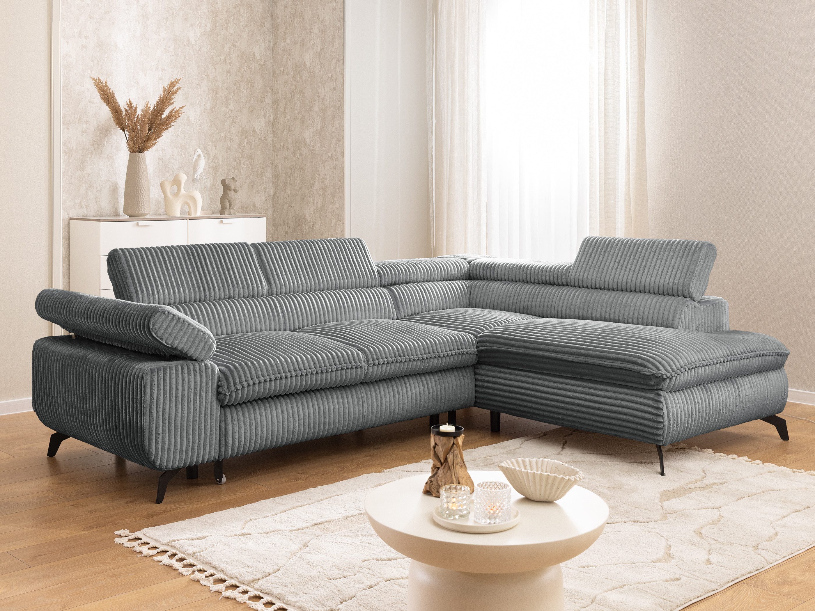 S-Style Möbel Ecksofa Bonnie mit Schlaffunktion Bettkasten und Kopfteilverstellung, mit Wellenfederung, Cord-Stoff