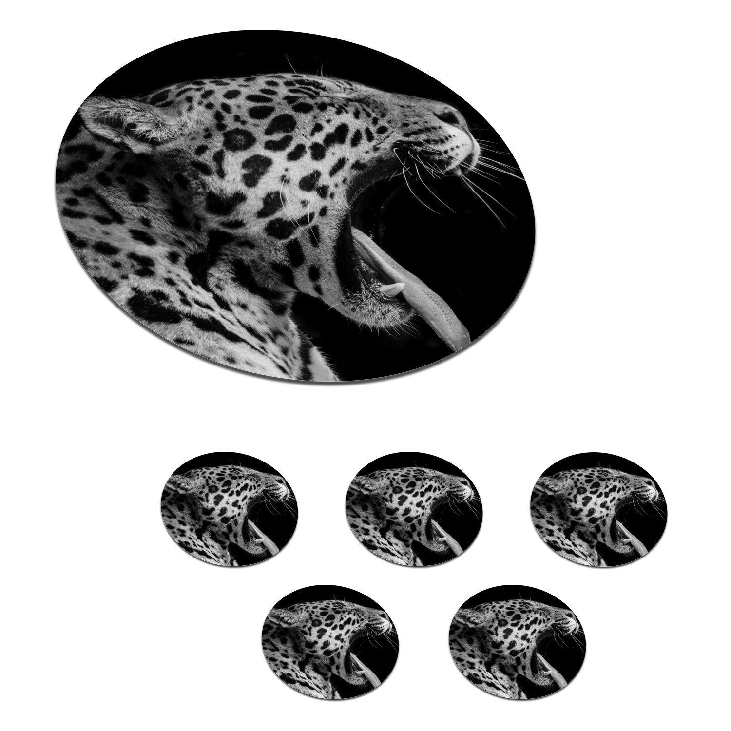 MuchoWow Glasuntersetzer Jaguar - Tier - Schwarz - Weiß, Zubehör für Gläser, 6-tlg., Getränkeuntersetzer, Tassenuntersetzer, Korkuntersetzer, Tasse, Becher