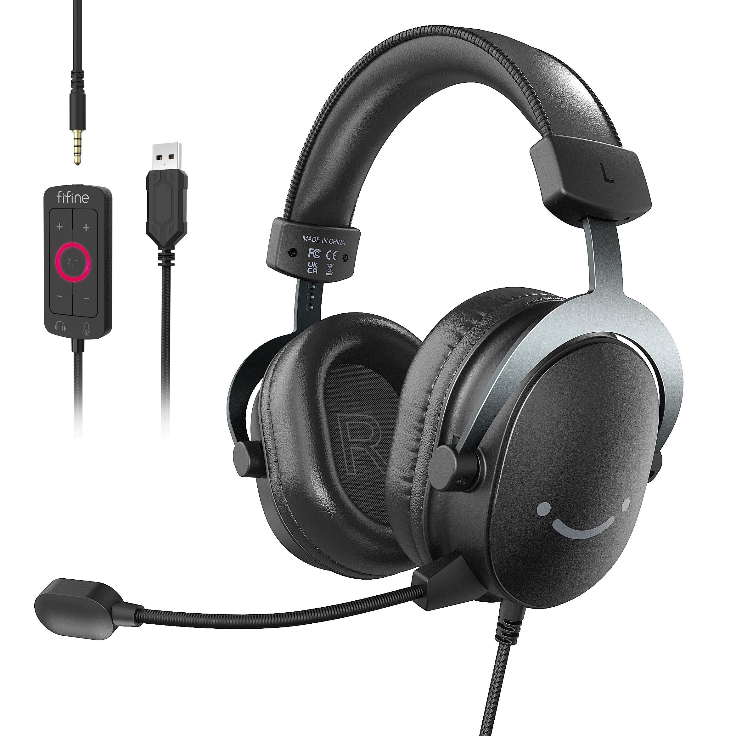 FIFINE Mikrofon Gaming Headset mit Mikrofon, Over Ear Kopfhörer mit Kabel, USB Headset für PC PS4 PS5 Xbox Switch, RGB Headphone