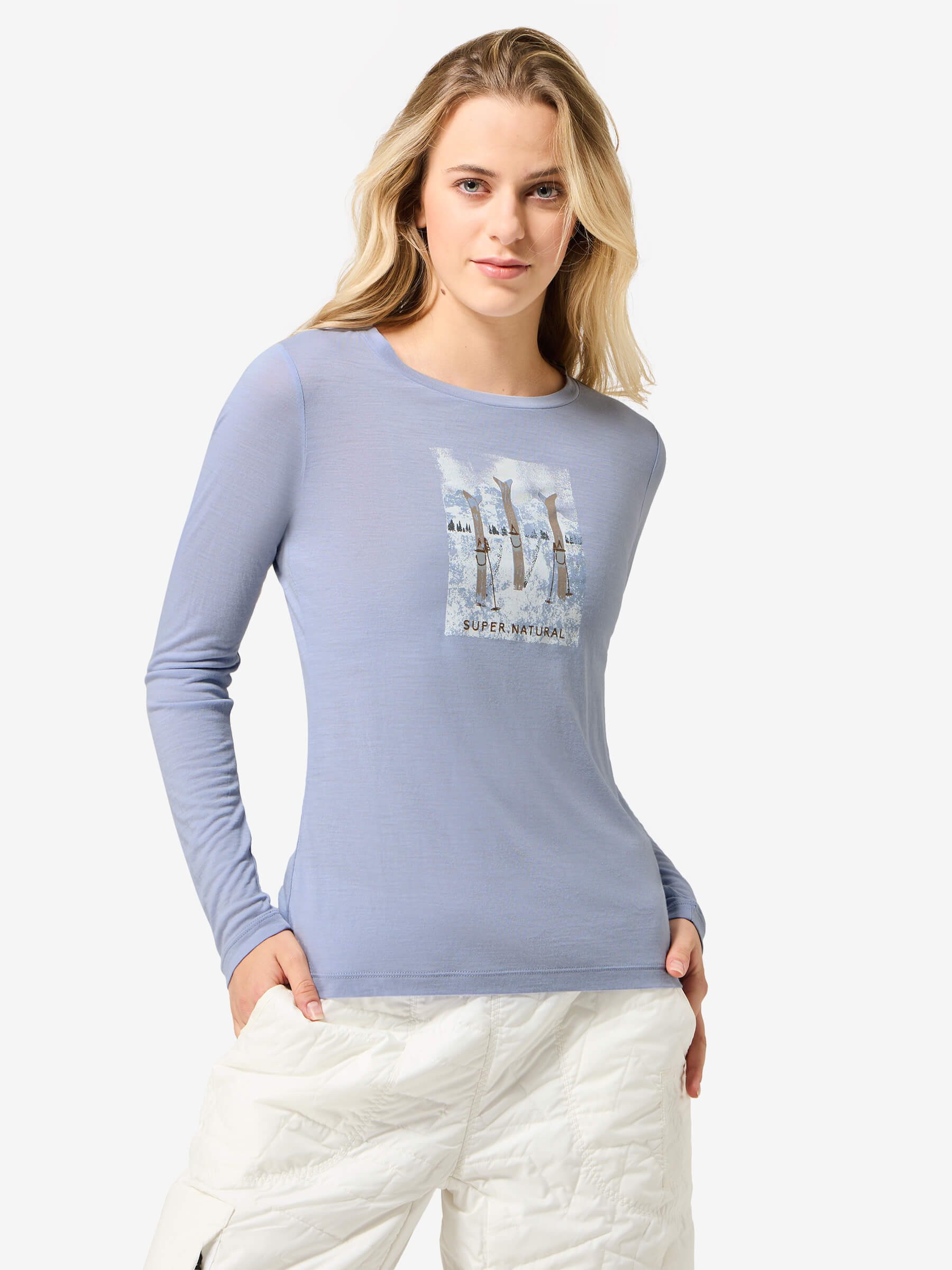 SUPER.NATURAL Langarmshirt für Damen,Merino W TRIPLE SKI LS mit Sport-Motiv, atmungsaktiv