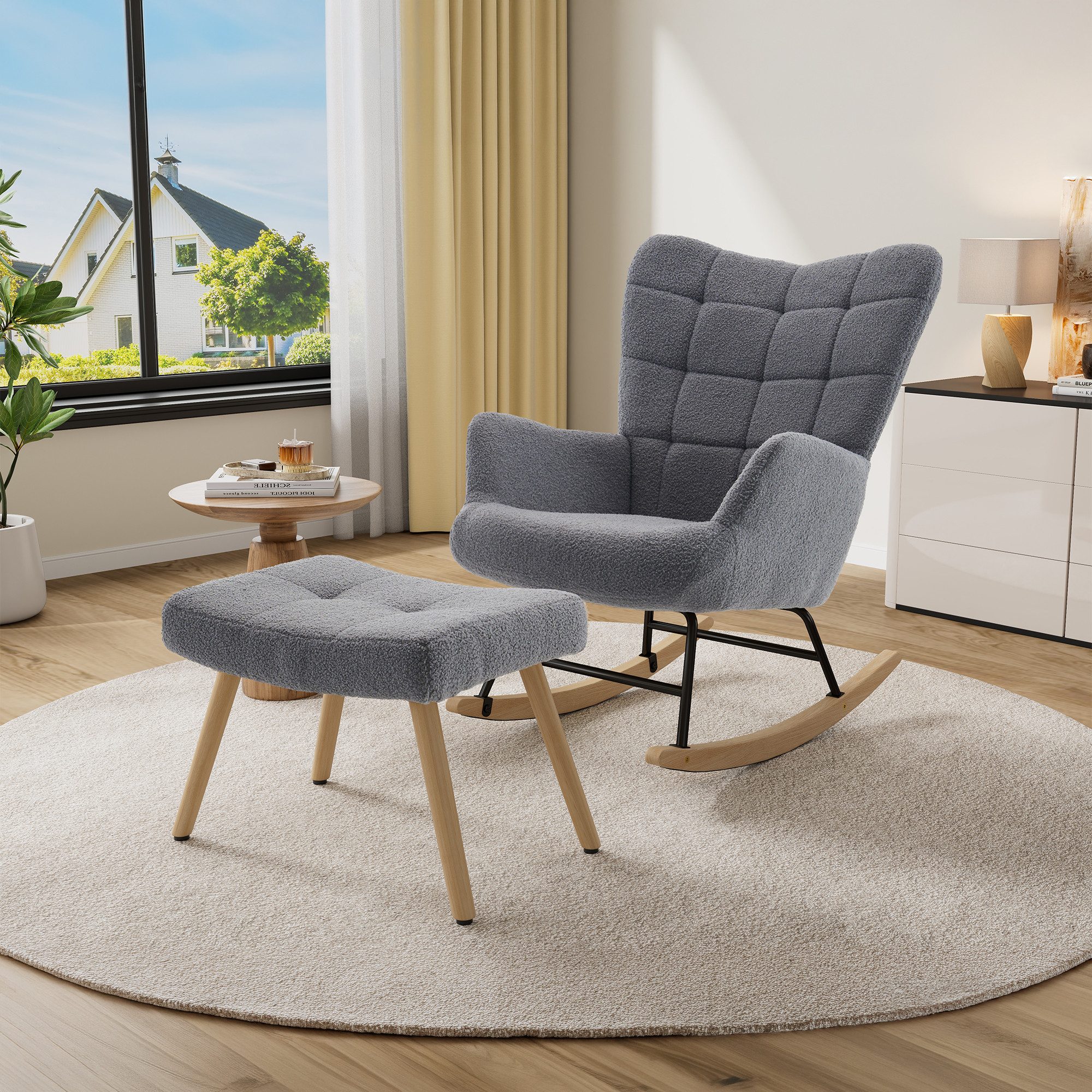 HAUSS SPOLE Schaukelstuhl mit Fußhocker, gepolsterter Relaxsessel mit Holzschaukelfüßen,Grau (Relaxsessel-Set mit Wippfunktion und Beistellhocker), Lounge-Sessel mit separatem Fußhocker und Holzschaukelfüßen