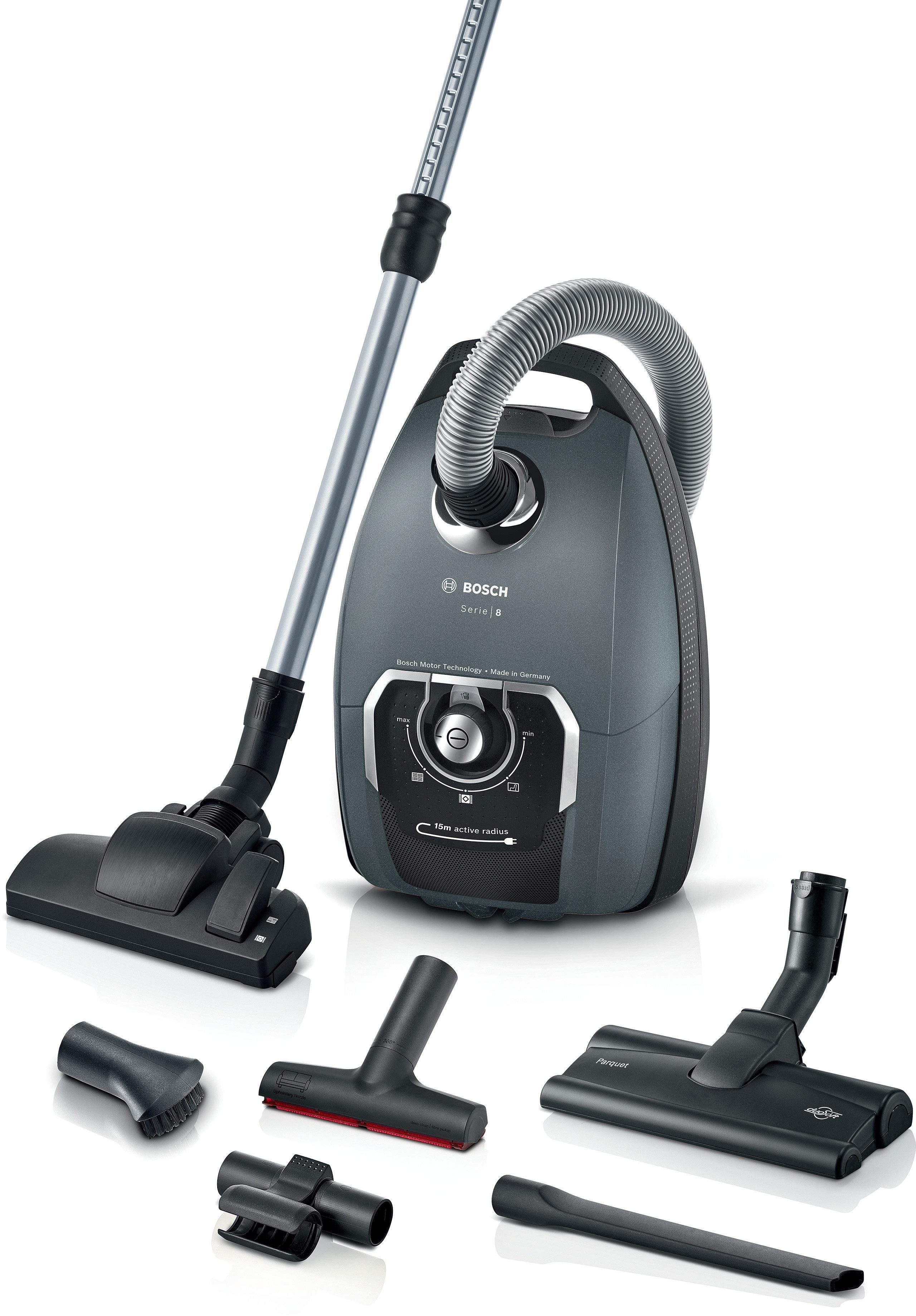 BOSCH Bodenstaubsauger Serie 8 ProSilence, BGL75XPRQ, für Allergiker, 10 Jahre Motorgarantie, 750 W, mit Beutel, Hygiene-Filter, Hartbodendüse, XXL-Polsterdüse, langes Kabel, grau