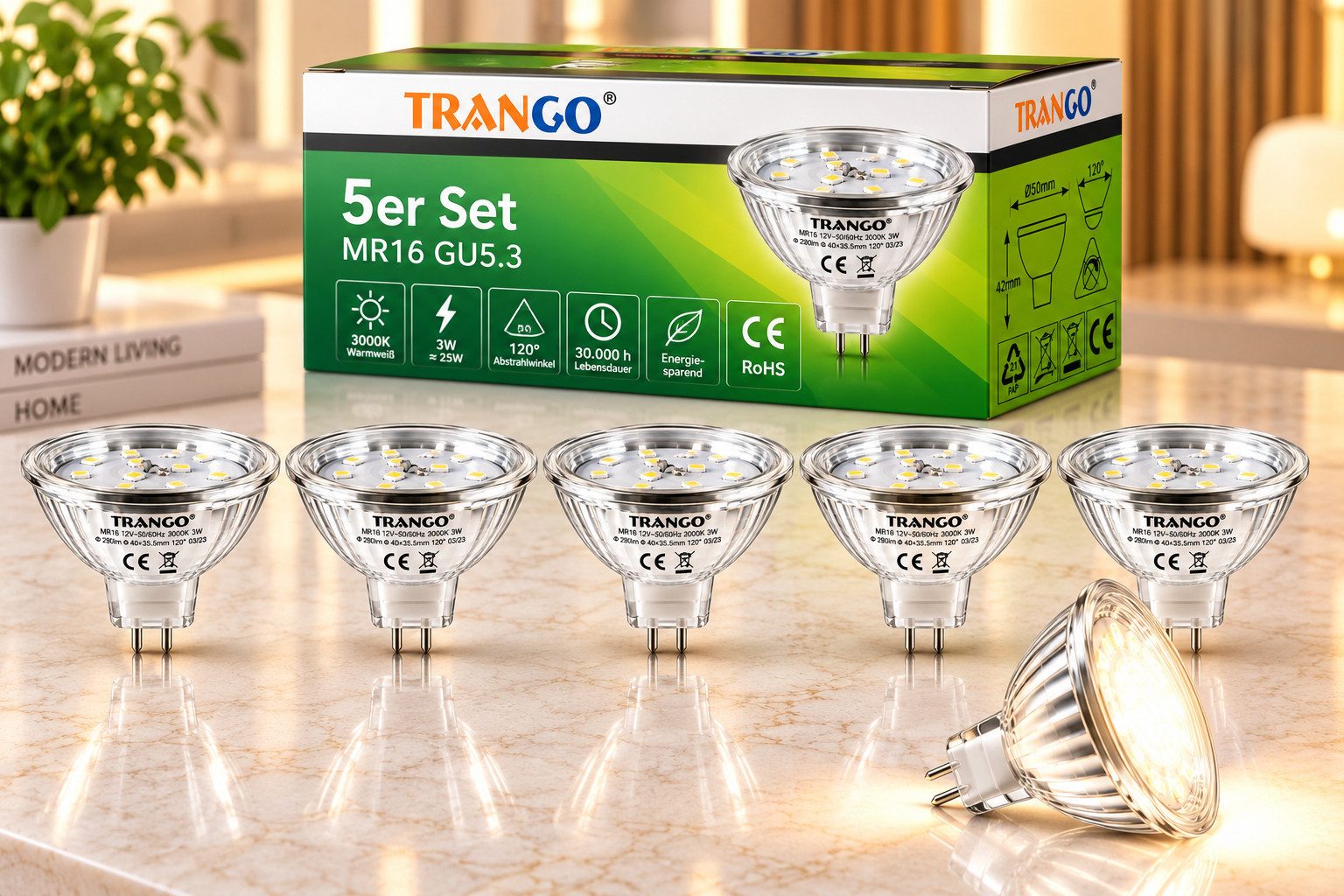 TRANGO LED-Leuchtmittel, 5er Set MR16030 LED Leuchtmittel mit MR16 Fassung zum Austausch von herkömmlichen Halogen Leuchtmittel MR16 I GU5.3 I G4 12 Volt 3000K warmweiß, 5 St., Glühlampe, Reflektor Lampe, LED Birnen