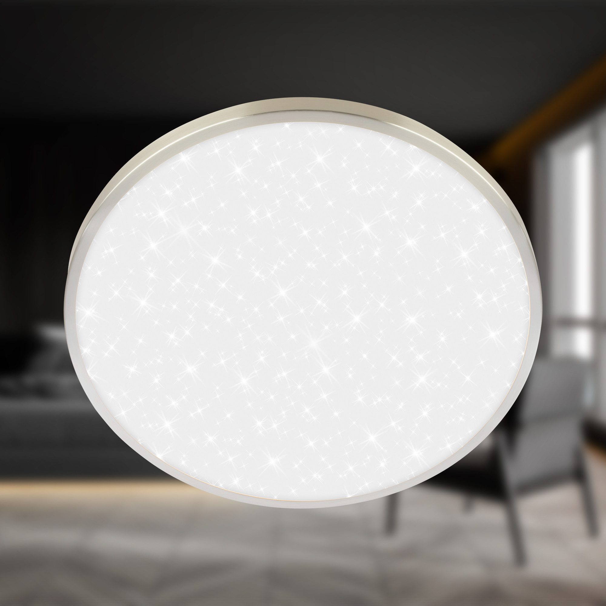 Briloner Leuchten Deckenleuchte LED Panel Sternenhimmeleffekt Deckenlampe Rund, LED fest integriert, 4000K, 24/33 x 6 cm Nickel-matt/Weiß Wohnzimmer Schlafzimmer