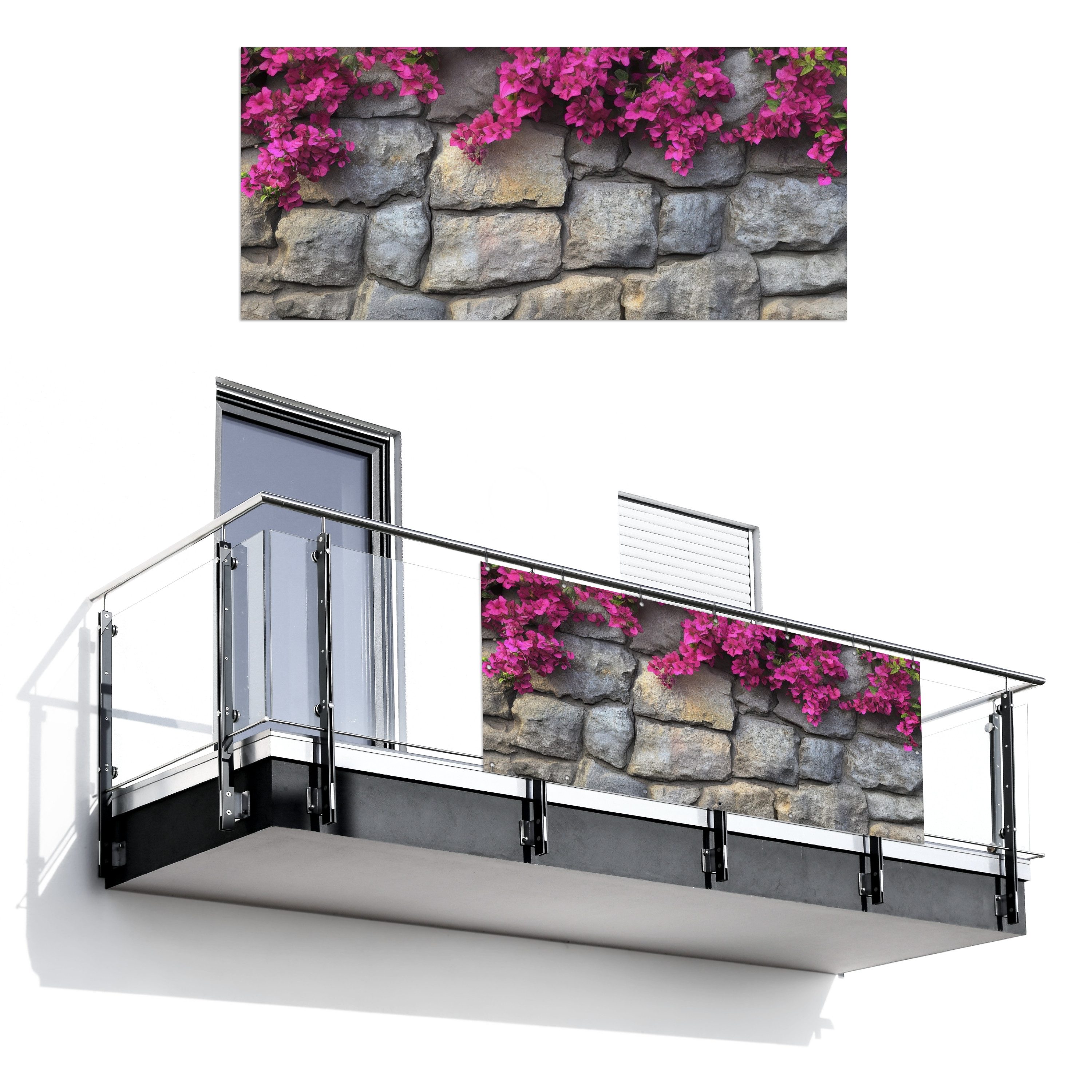 MuchoWow Balkonsichtschutz Bougainvillea - Steinmauer - Rosa (1-St) Balkon Sichtschutz 90x200, Windschutz für Zaun PVC, 200x90 cm