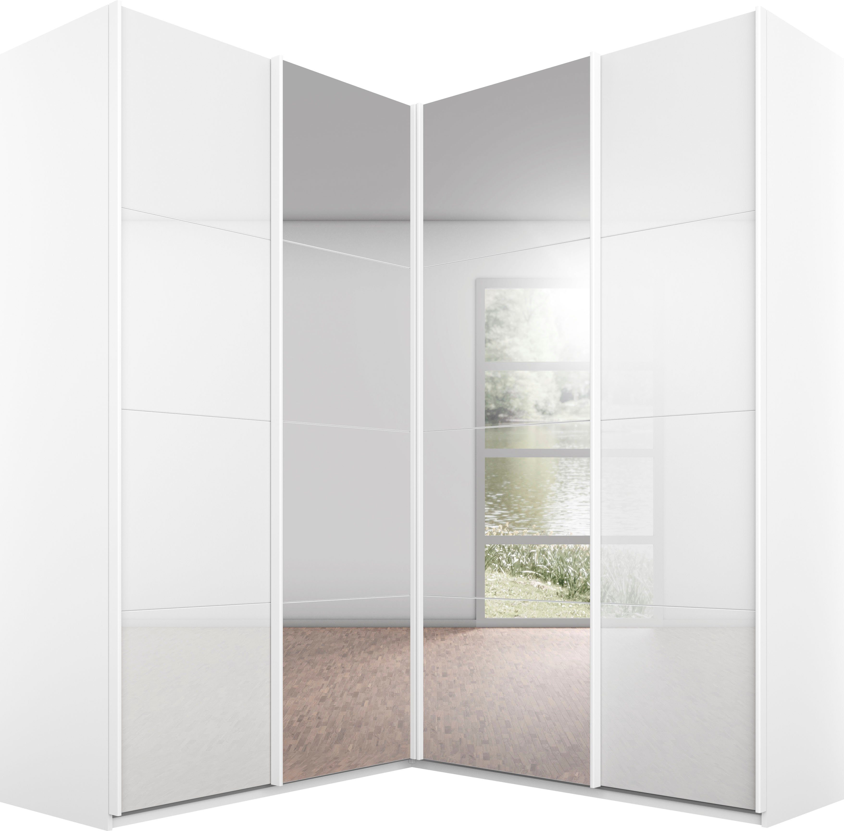 rauch Schwebetürenschrank Kleiderschrank Garderobe Eckkleiderschrank QUADRA mit edler Glasfront (in den Höhen 210/229 cm, inkl. Soft-Close-Funktion) großer Eckschrank mit viel Stauraum, Maß 181x187 cm MADE IN GERMANY