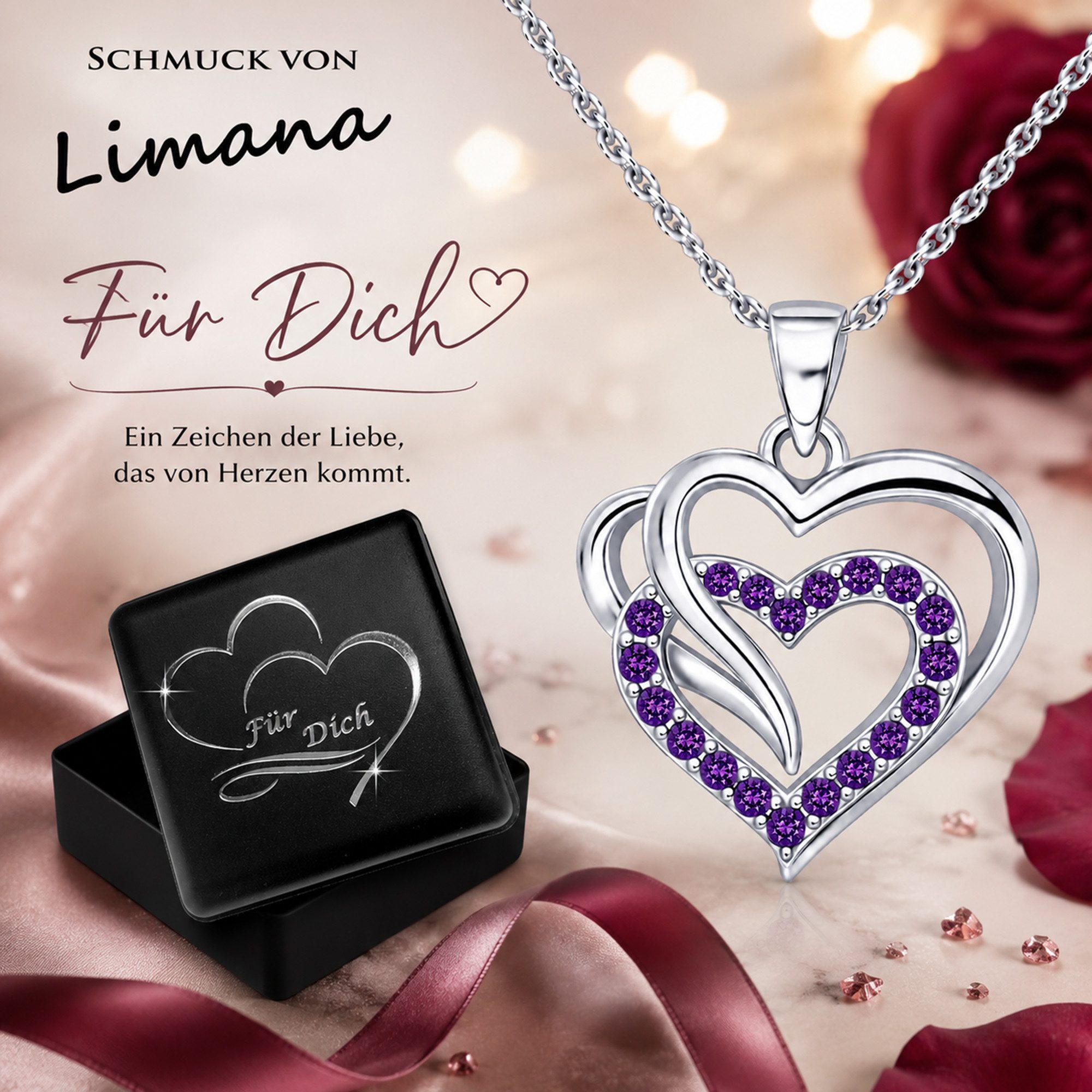 Limana Herzkette Doppelherz Schmuck Damen 925 Silber Kette mit Anhänger - Geschenk (für Frau Freundin Mama, inkl. Schmuckdose), Geburtstag Jahrestag Hochzeitstag Valentinstag Weihnachten