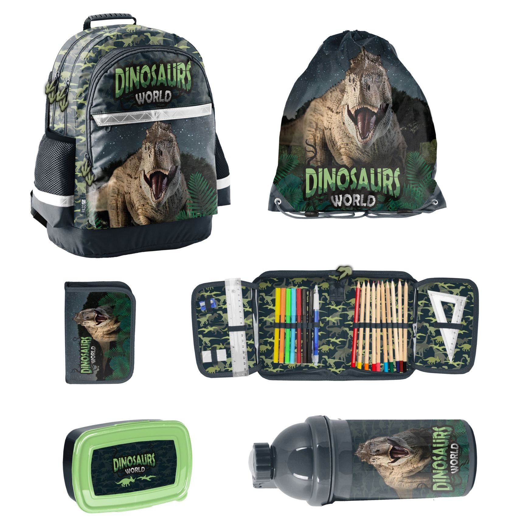 PASO Schulrucksack mit Turnbeutel, befüllter Federmappe, Brotdose und Trinkflasche - DINO (5-teilig)