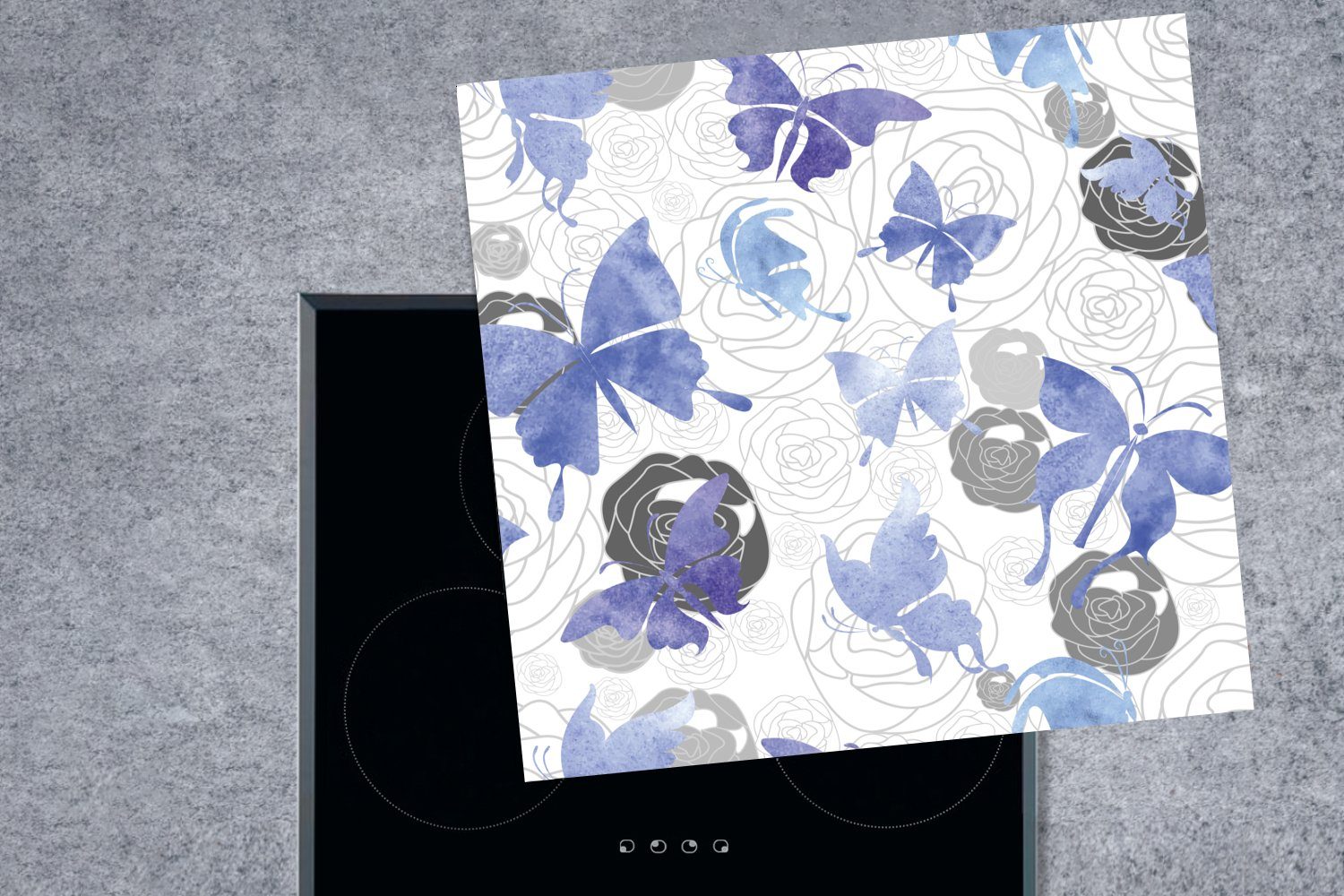 MuchoWow Herdblende-/Abdeckplatte tlg), Vinyl, Arbeitsplatte (1 küche Aquarell Ceranfeldabdeckung, - cm, 78x78 Blau, - Schmetterling für