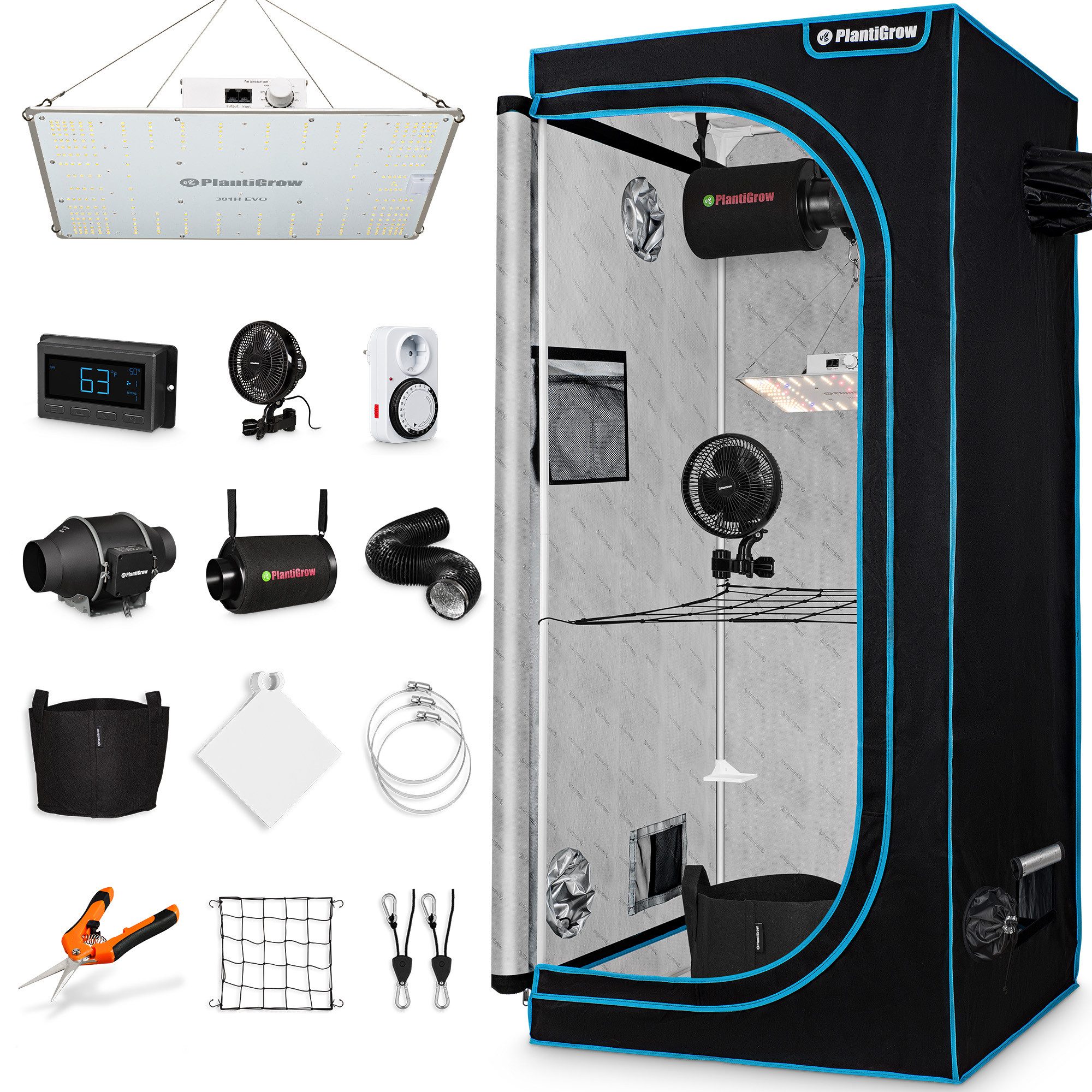 Plantiflex Gewächshaus Growbox Komplettset – Professional - Indoor Gewächshaus, mit 150W LED Vollspektrum Lampe (Samsung LM301H Dimmbar), 1680D Hohe Reflektivität, Carbon-Filter, Inline-Kanalventilator mit APP Funktion, Abluftschlauch, Digitaler Temperatur und Feuchtigkeitsregler, Anzuchtzelt, Zuchtzelt schwarz | Rabatt: 33%