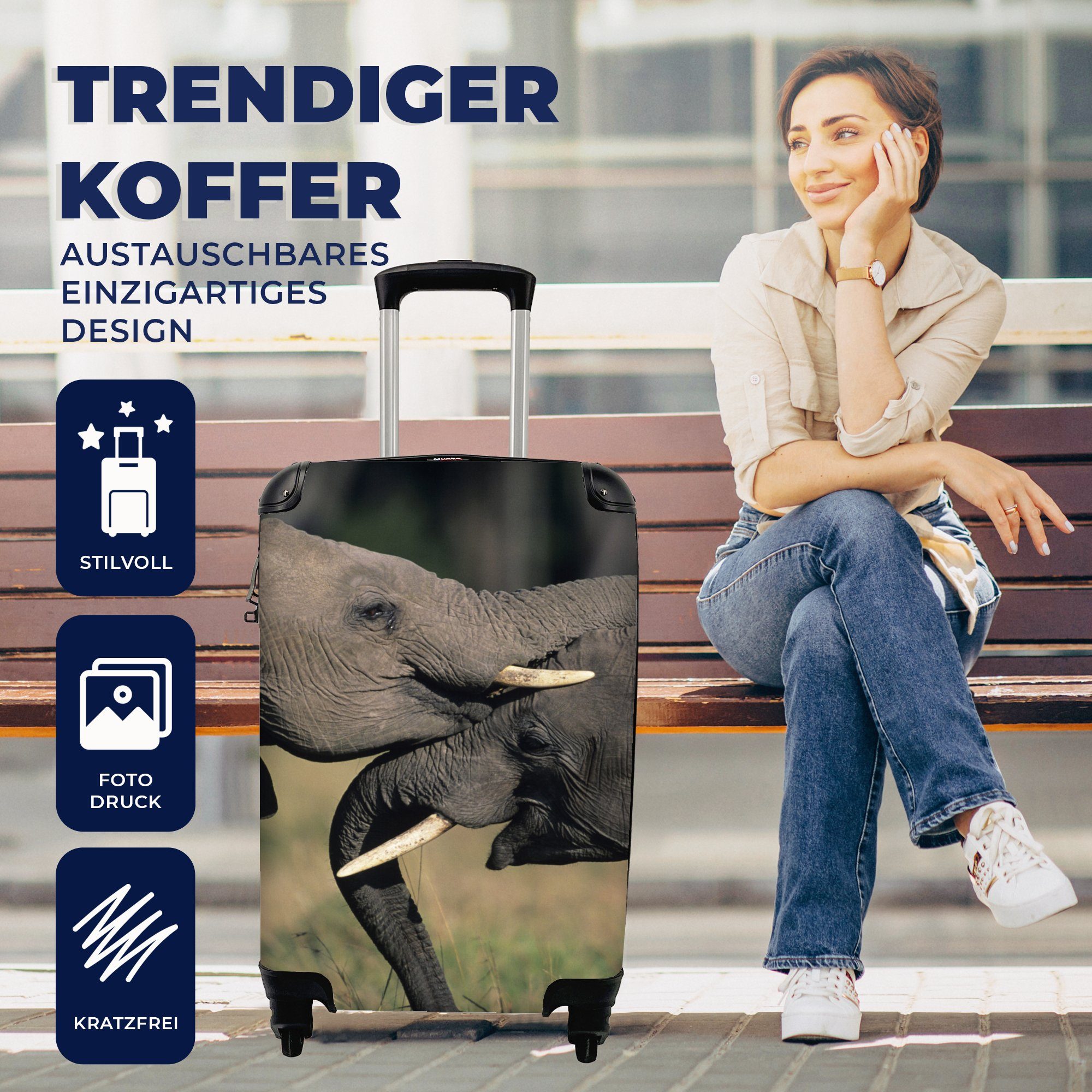 Trolley, Natur, für - - Reisekoffer Reisetasche Handgepäckkoffer MuchoWow rollen, Rollen, Grau Tiere Elefant 4 - mit Handgepäck Ferien,