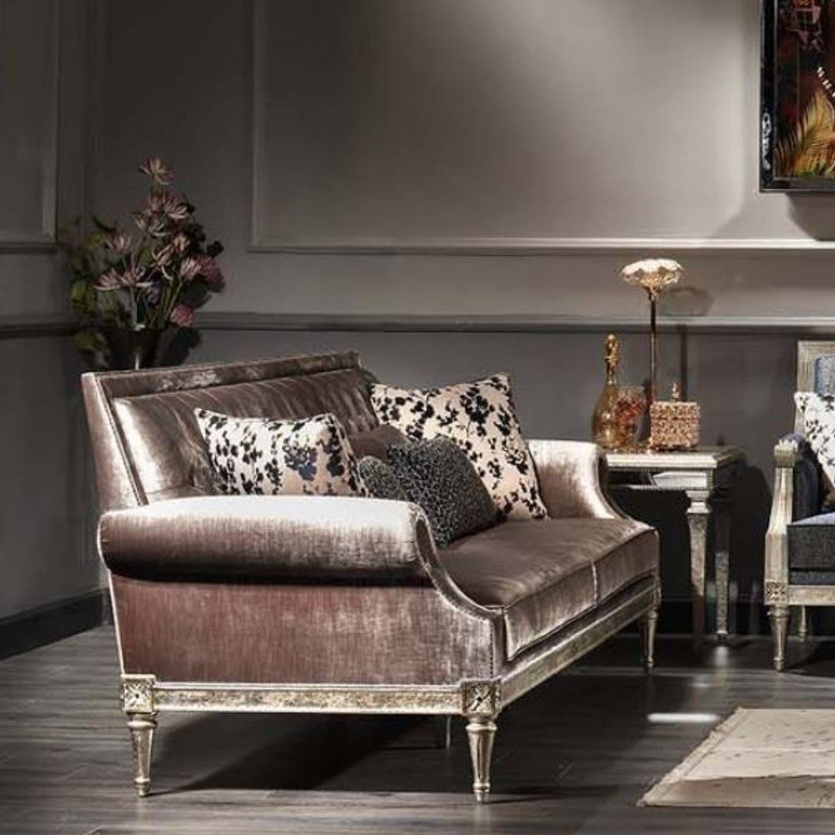 Sofa Wohnzimmer & 88 Padrino Barock 250 x Edel Prunkvoll Silber x / 100 cm Sofa Casa - Samt Antik Rosa H. Luxus