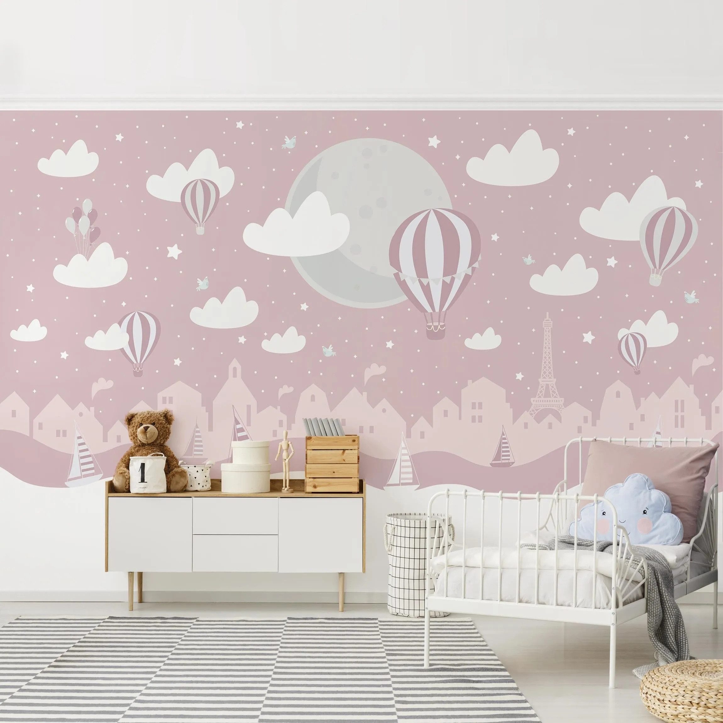 Bilderdepot24 Kindertapete Kinderzimmer Paris Sterne Heißluftballon Rosa Kinder Wanddeko, Glatt, Matt, (Vliestapete inkl. Kleister oder selbstklebend), Mädchenzimmer Jungenzimmer Babyzimmer Bildtapete Fototapete Wandtapete