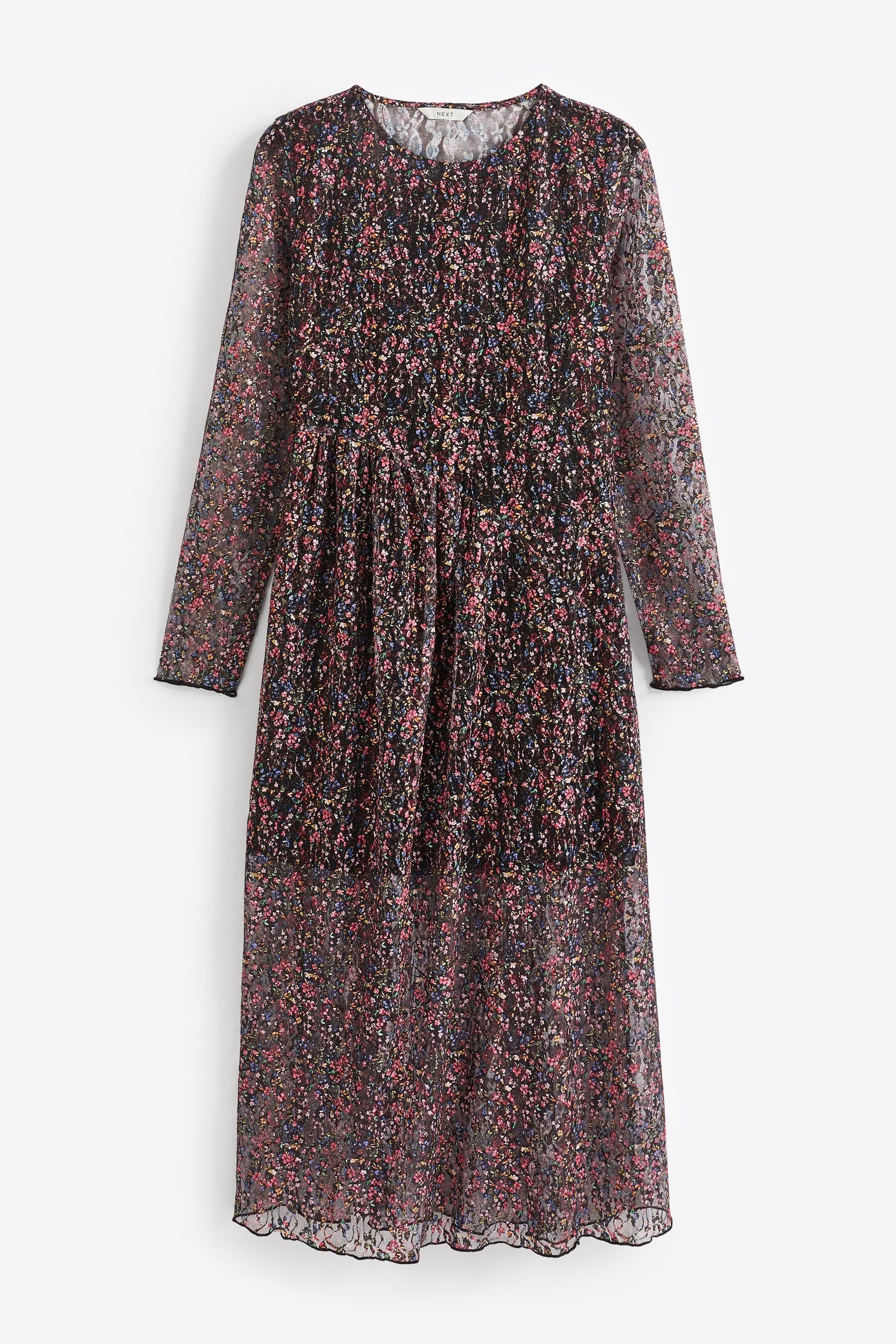 Next Tüllkleid Langärmeliges Kleid aus Mesh mit Blumen-Print (1-tlg)