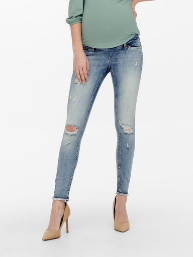 ONLY MATERNITY Umstandsjeans OLMBLUSH MID SK RAW ANKLE DNM NOOS mit Destroyed Effekt