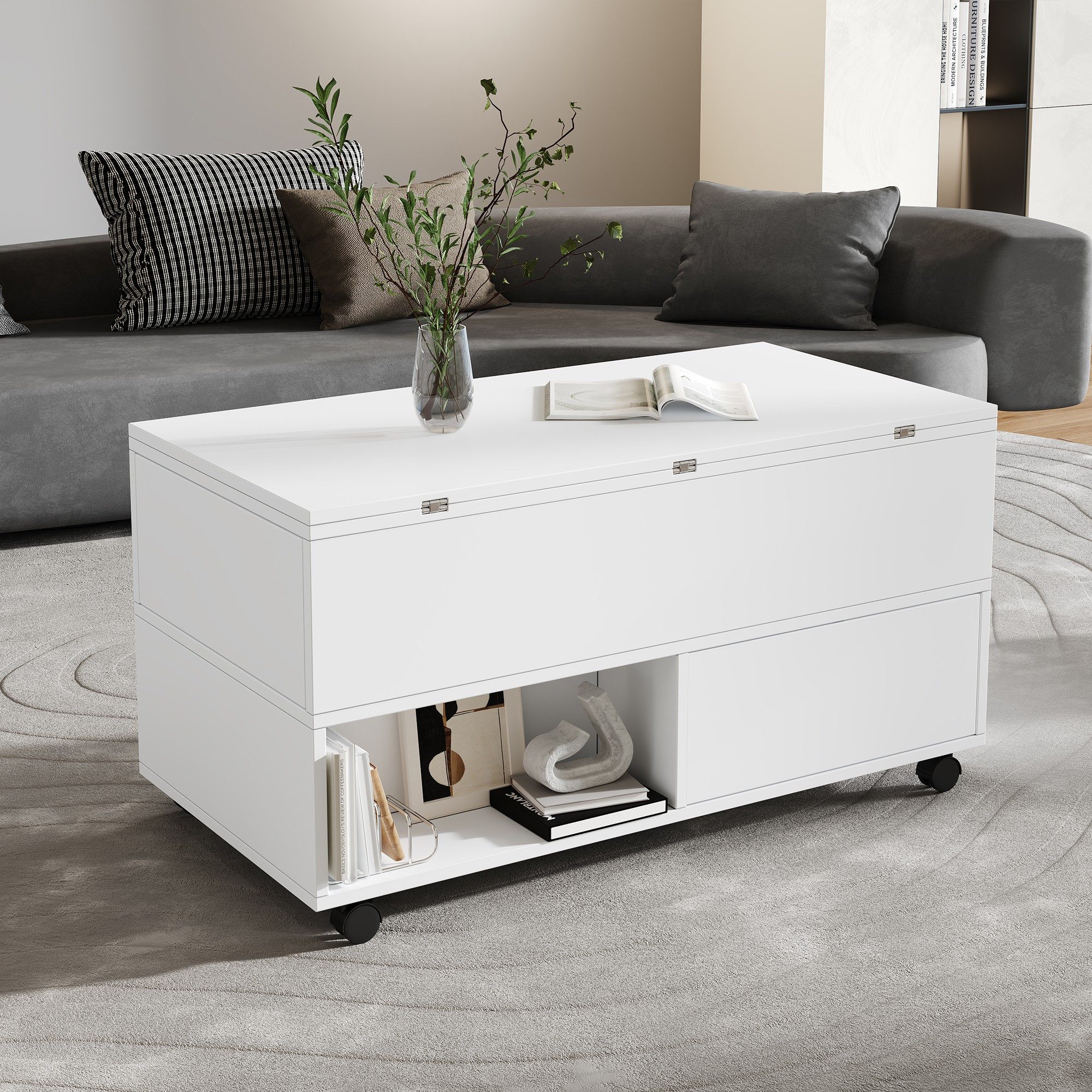 BlingBin Couchtisch mit anhebbarer Tischplatte und Rollen (Kaffeetisch, 1-St., 100 x 50 x 52 cm), Wohnzimmertisch mit 4 Schubladen und offenen Ablagen, weiß