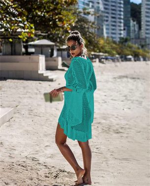 AFAZ New Trading UG Strandkleid Damen Strandkleid Gestrickte Crochet Bikini Cover Up Sommer Boho (Kleid, Bluse mit Glockenärmeln, Urlaubs-Bikinioberteil) V-Ausschnitt Badeanzug Bedecken Sexy Strand Kurze Kleid