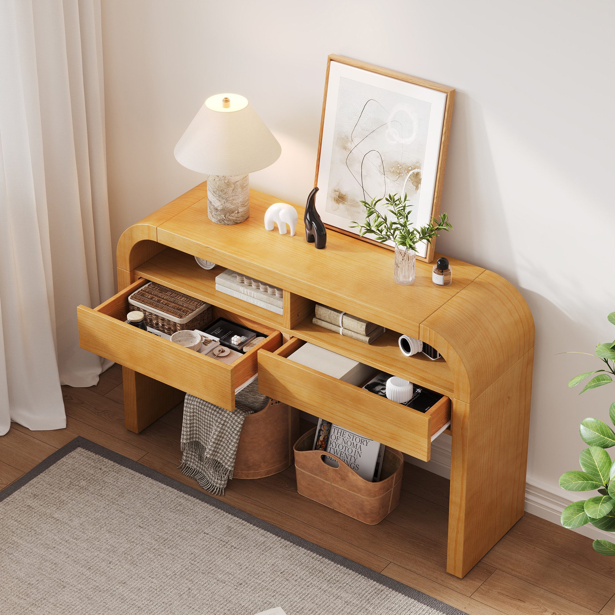 HAUSS SPOLE Konsolentisch geschwungene Kanten,2 Schubladen Schminktisch offenen Ablagen,Natur (Kosmetiktisch mit geschwungener Front und verstellbaren Fußpolstern), Schmaler Beistelltisch für den Eingangsbereich