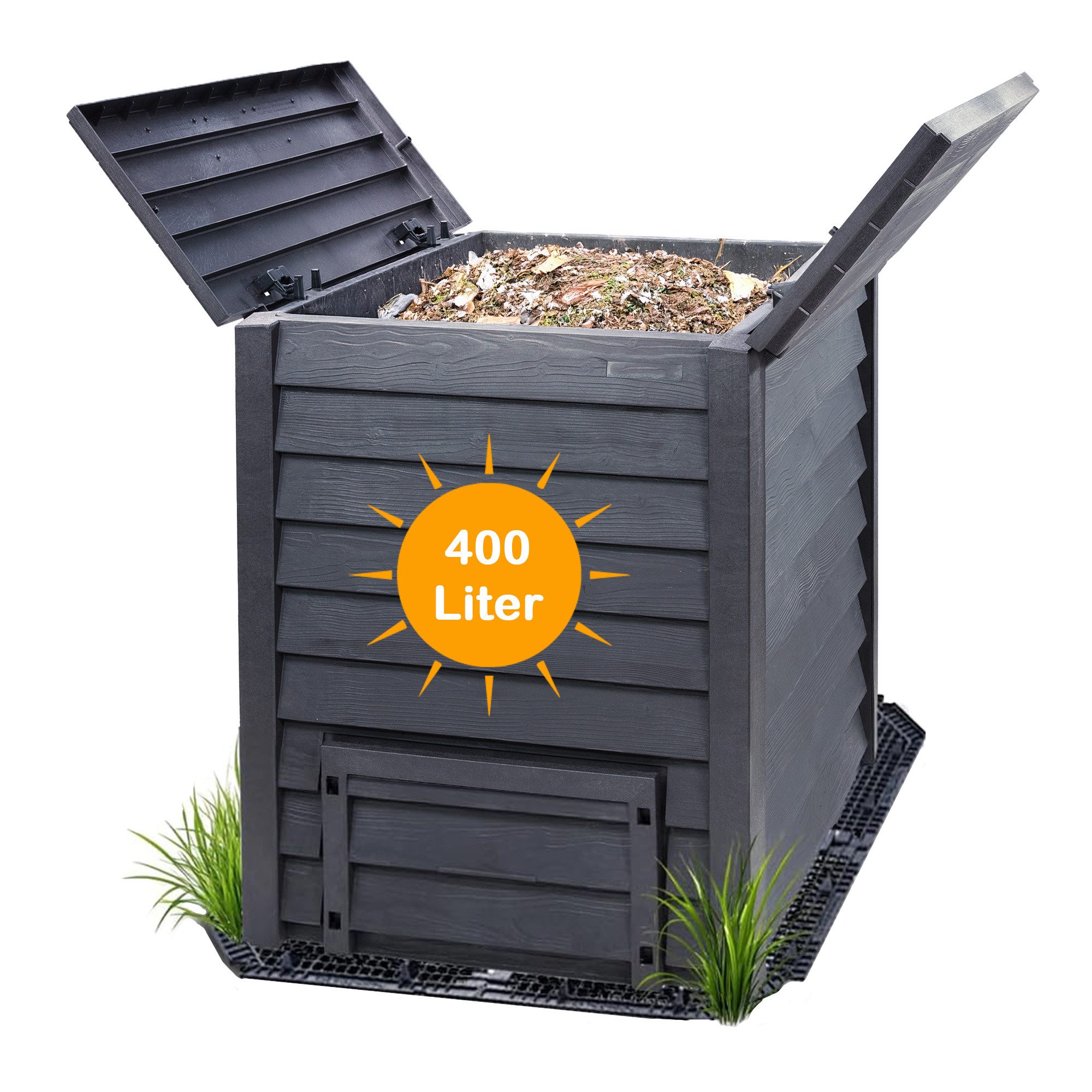 Yoursol Komposter Thermo Wood Komposter 400L inkl Bodengitter, Komposter Garten aus Kuns, 400 l, Integriertes Belüftungssystem 2 große Flügelklappen