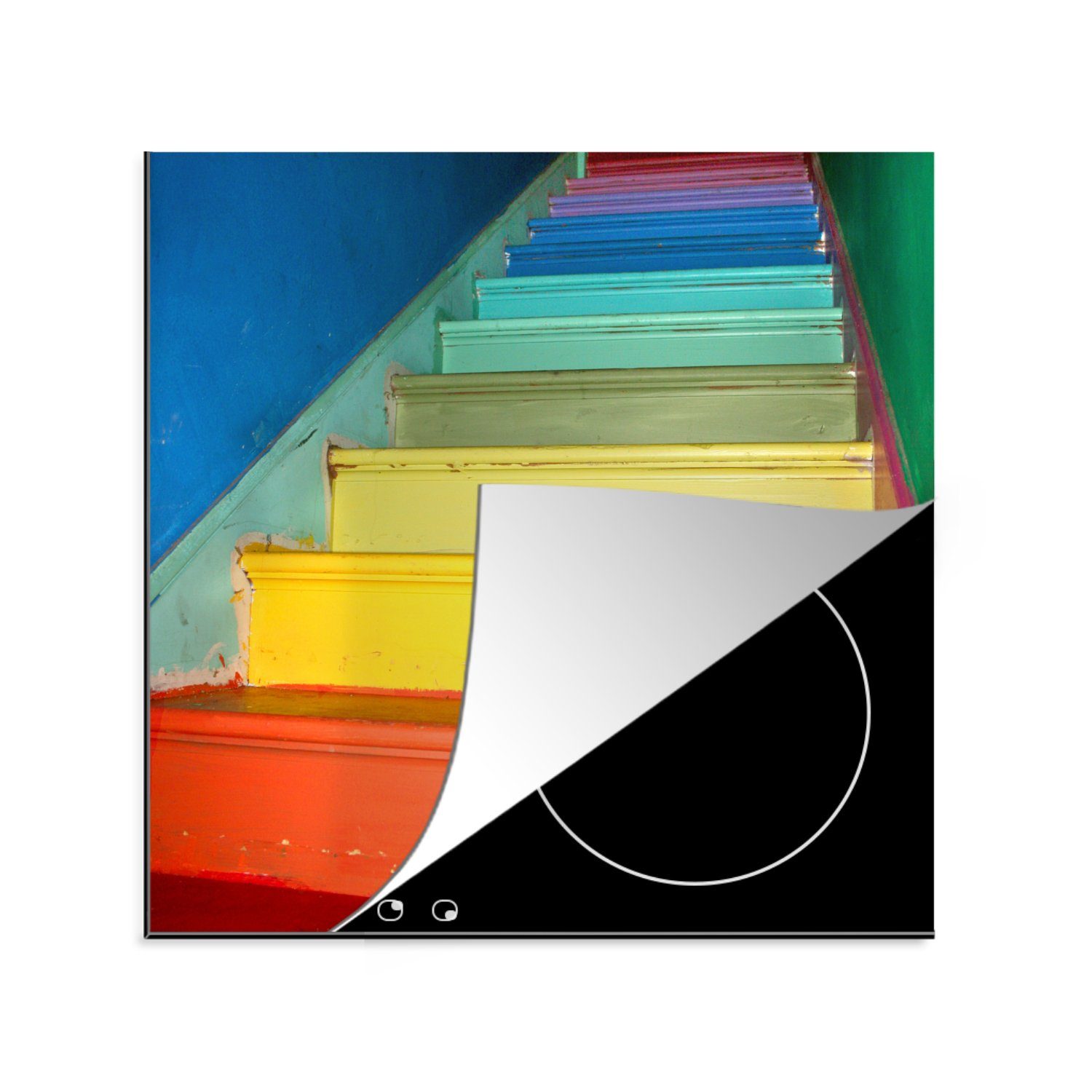 MuchoWow Herdblende-/Abdeckplatte Treppe in den Farben des Regenbogens, Vinyl, (1 tlg), 78x78 cm, Ceranfeldabdeckung, Arbeitsplatte für küche