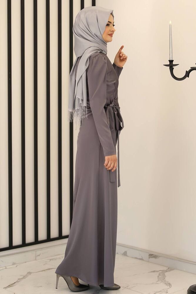 Satinkleid Hijab Modavitrini langärmliges mit Abiye Schleife Anthrazit Abaya Abendkleid Maxikleid Damen