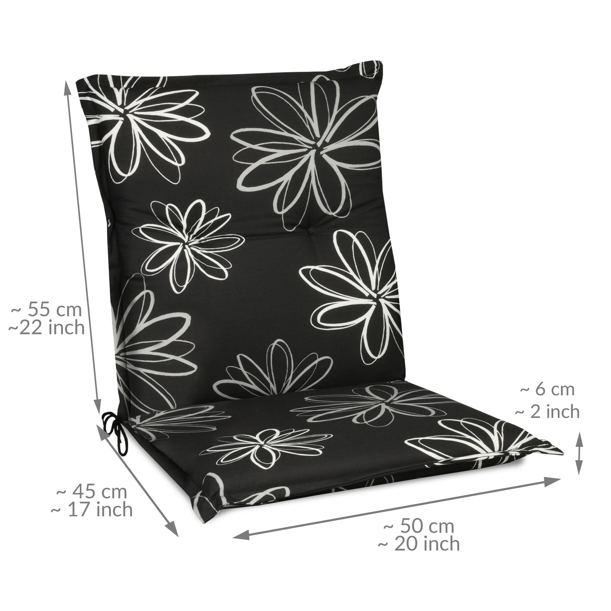 Beautissu Sitzauflage Flores Niedriglehner 100x50 cm schwarz mit Blumen, Bequeme Gartenstuhl Stuhlkissen Polsterauflagen mit UV-Lichtecht