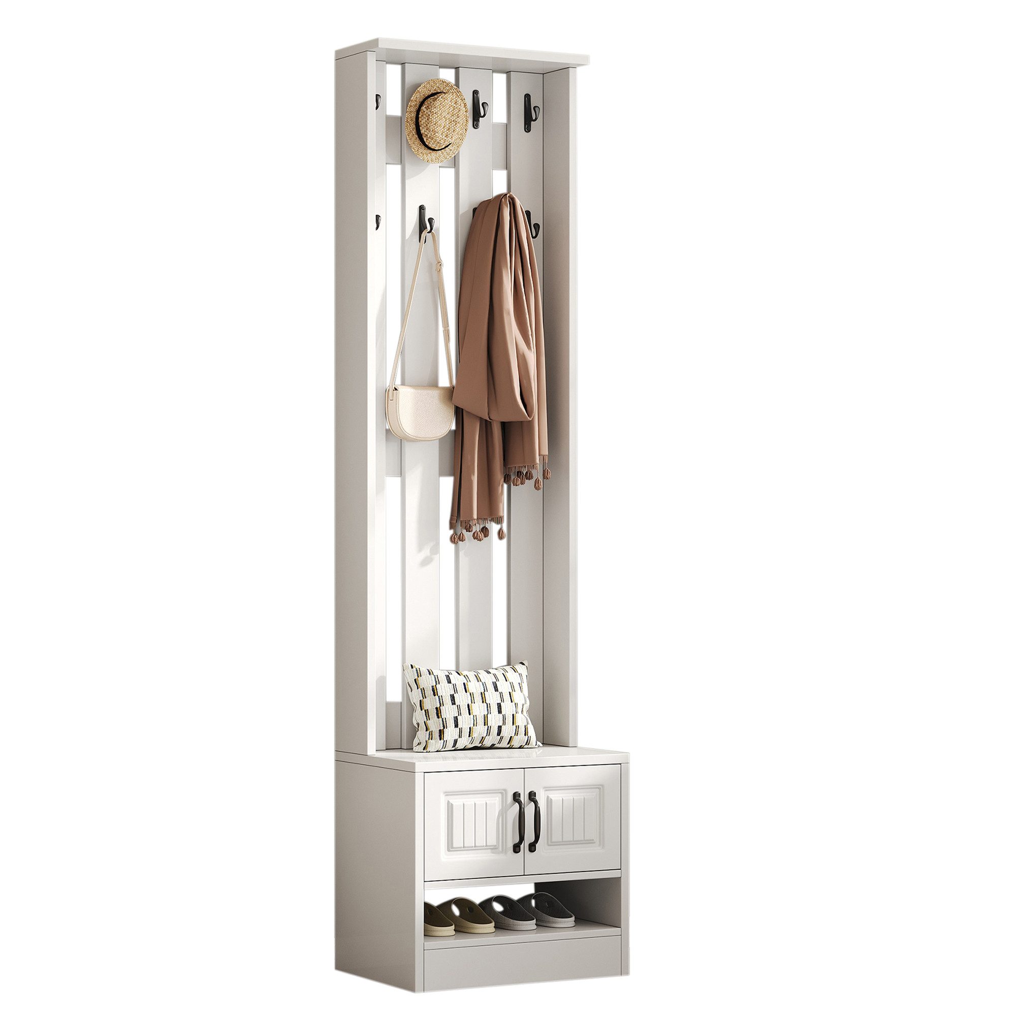 Refined Living Garderoben-Set Schmale Garderobe mit Sitzbank, 2 Türen & 8 Haken, Weiß, (B50×T36×H190 cm, Flurgarderobe, Schuhschrank mit Sitzbank, 2 Türen, 8 Haken, 1-St., platzsparend, schmal, viel Stauraum, modern, Weiß, mit Kippsicherung), ideal für Fl