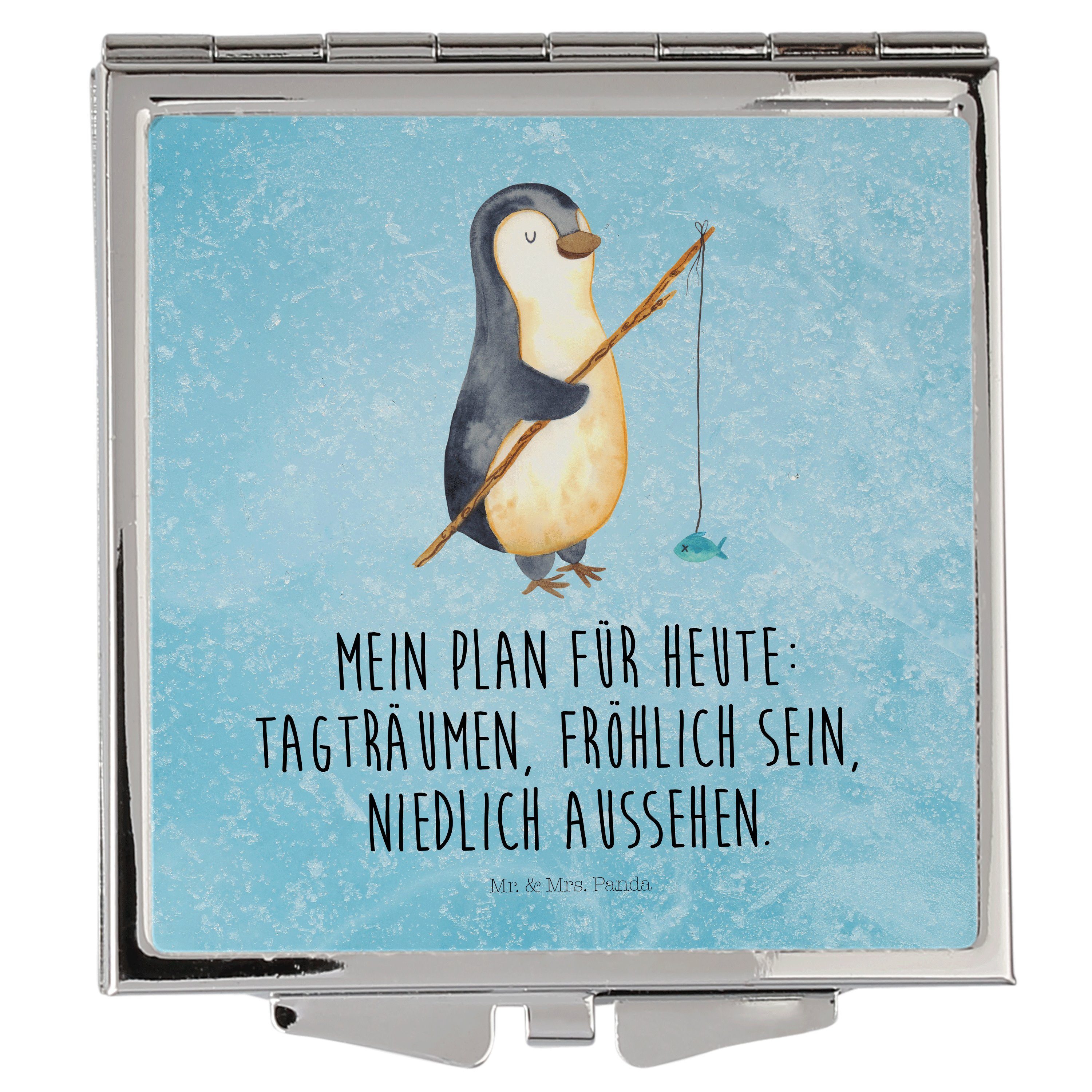 Mr. & Mrs. Panda Kosmetikspiegel Pinguin Angler - Eisblau - Geschenk, Schminkspiegel, Handtasche, Quad (1-St)