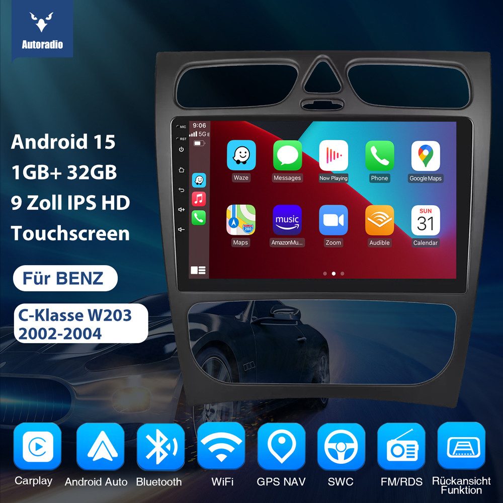 ESSGOO Für Mercedes Benz C-Klasse W203 W209 Android 15 Carplay Autoradio Autoradio (RDS, Digitalradio (DAB), FM, SWC)