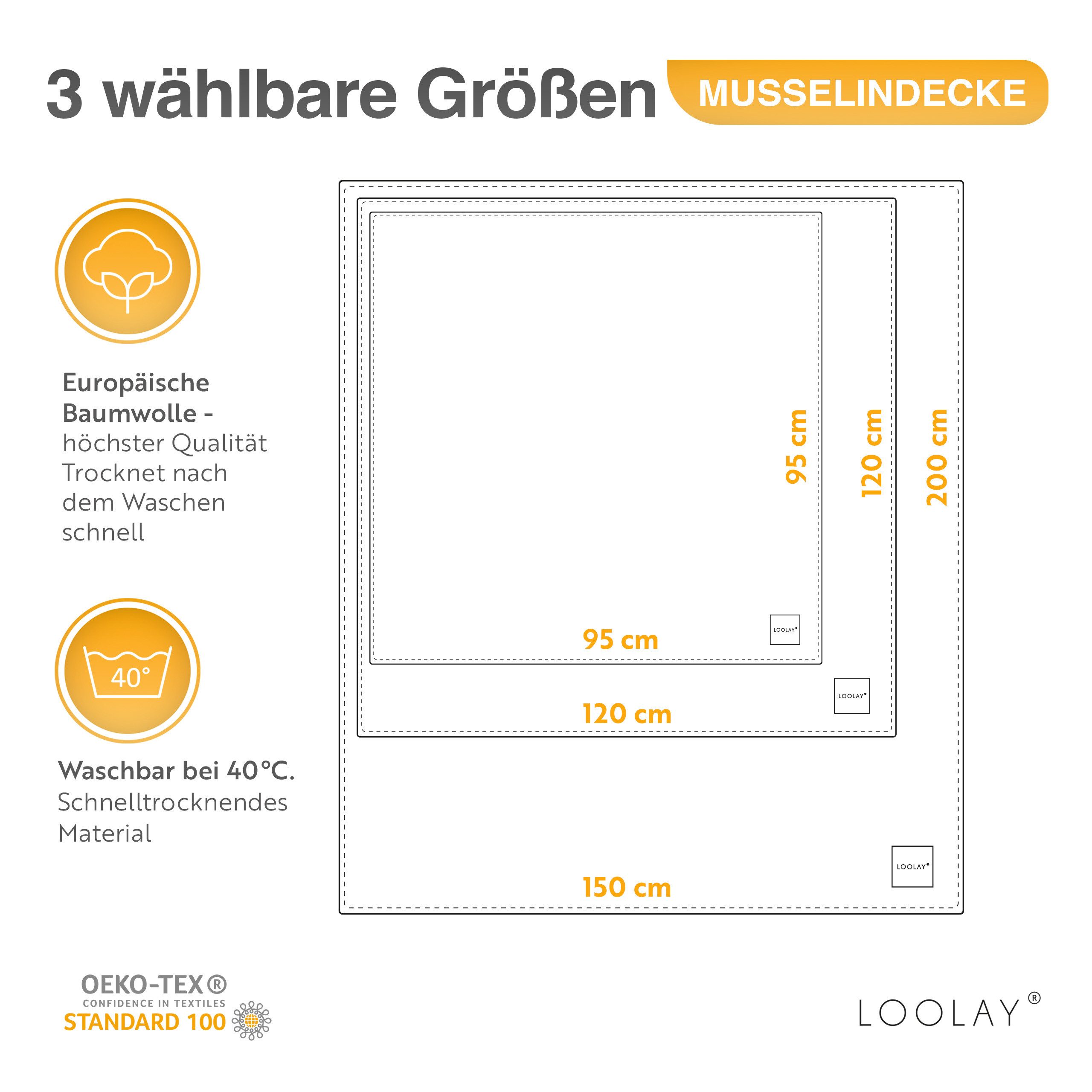 Babydecke Baumwolle MUSSELIN Decke Tuch Sommerdecke 95x95 120x120 150x200 cm, Loolay, Babytragetuch, Strandtuch, Kuscheldecke schützt und spendet Wärme