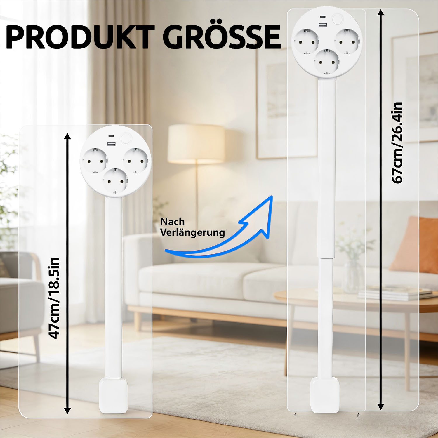 QUBEBU Steckdose 3-fach Steckdosenleiste mit USB-A/USB-C, 47 - 67 cm Ausziehbar Kabel, 3 Stile, 1-St., Überlastschutz, Überspannungsschutz, Blitzschutz, Kurzsichlussschutz, 5in1 Steckerleiste mit Schalter für Küche Büro Schlafzimmer Wohnzimmer