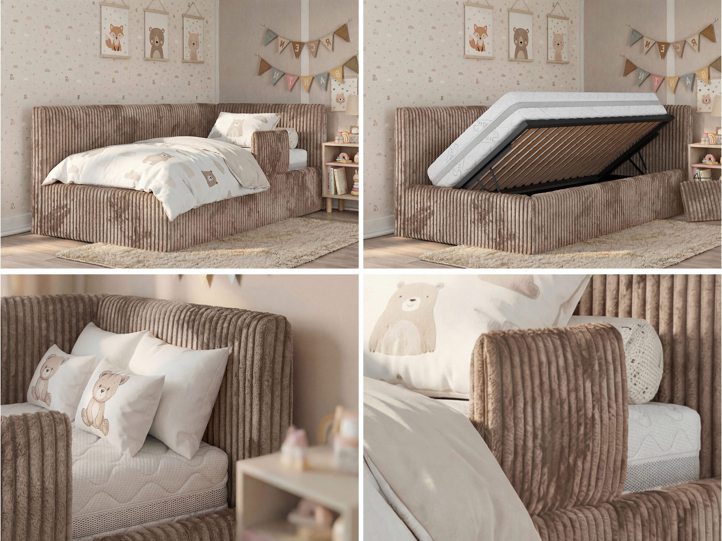 MKS MÖBEL Kinderbett TILVO ALTA (Set, Cordstoff Bett, inkl. Lattenrost, Bettkasten, Sicherheitsbarriere & Kopfteil), Eckbett mit Stauraum, Rausfallschutz & Gasdruckfedern