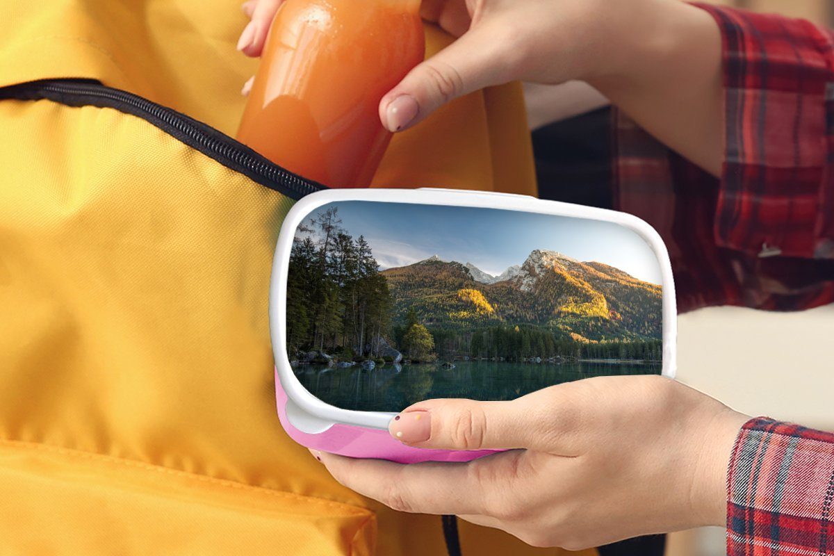 Alpen Mädchen, (2-tlg), für - Berge rosa Erwachsene, Bäume Lunchbox Snackbox, - Kunststoff, Kinder, MuchoWow - See, Brotdose Kunststoff Brotbox