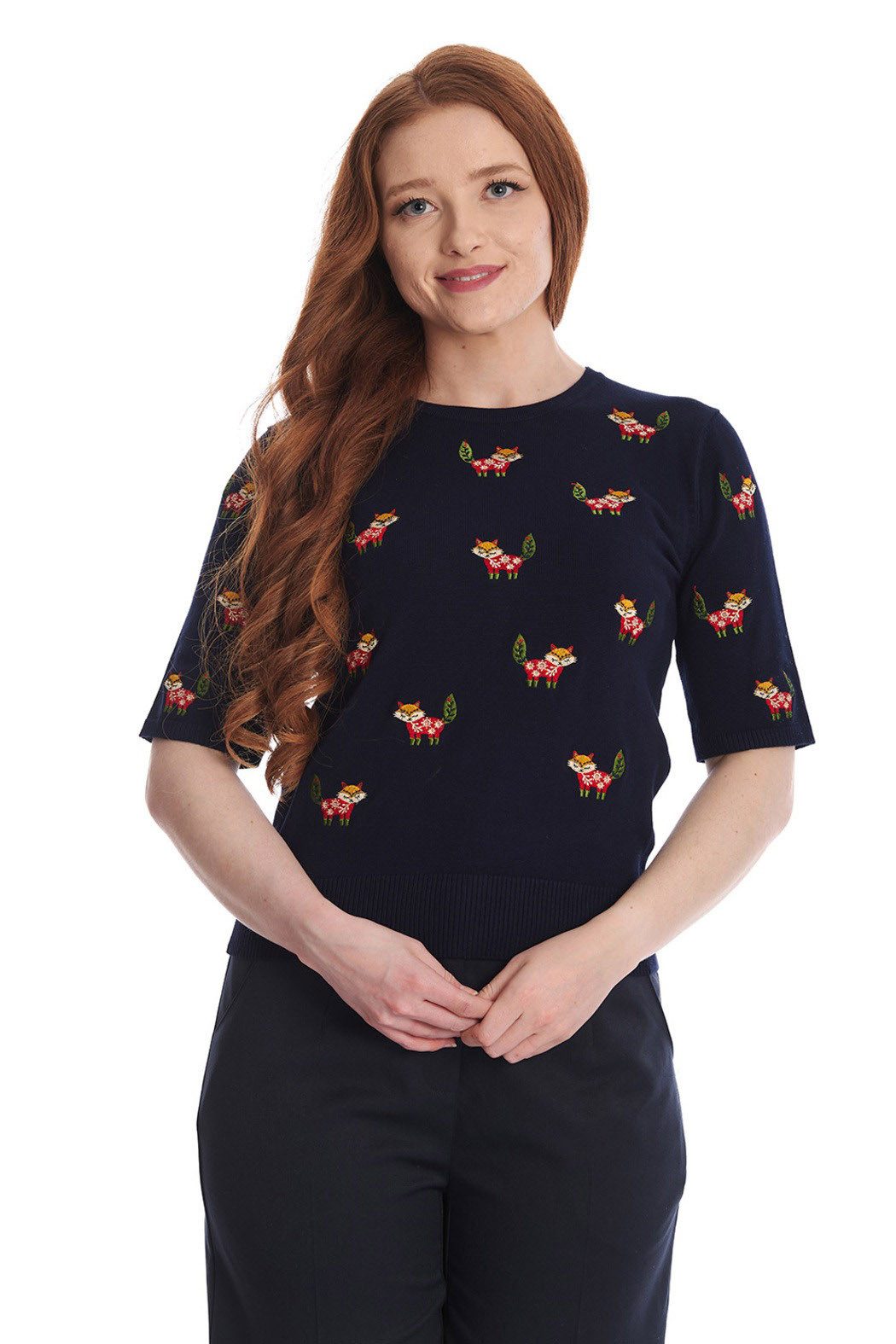 Banned Kurzarmpullover Scandi Fox Navy Vintage Rockabilly Fuchs Füchse günstig online kaufen