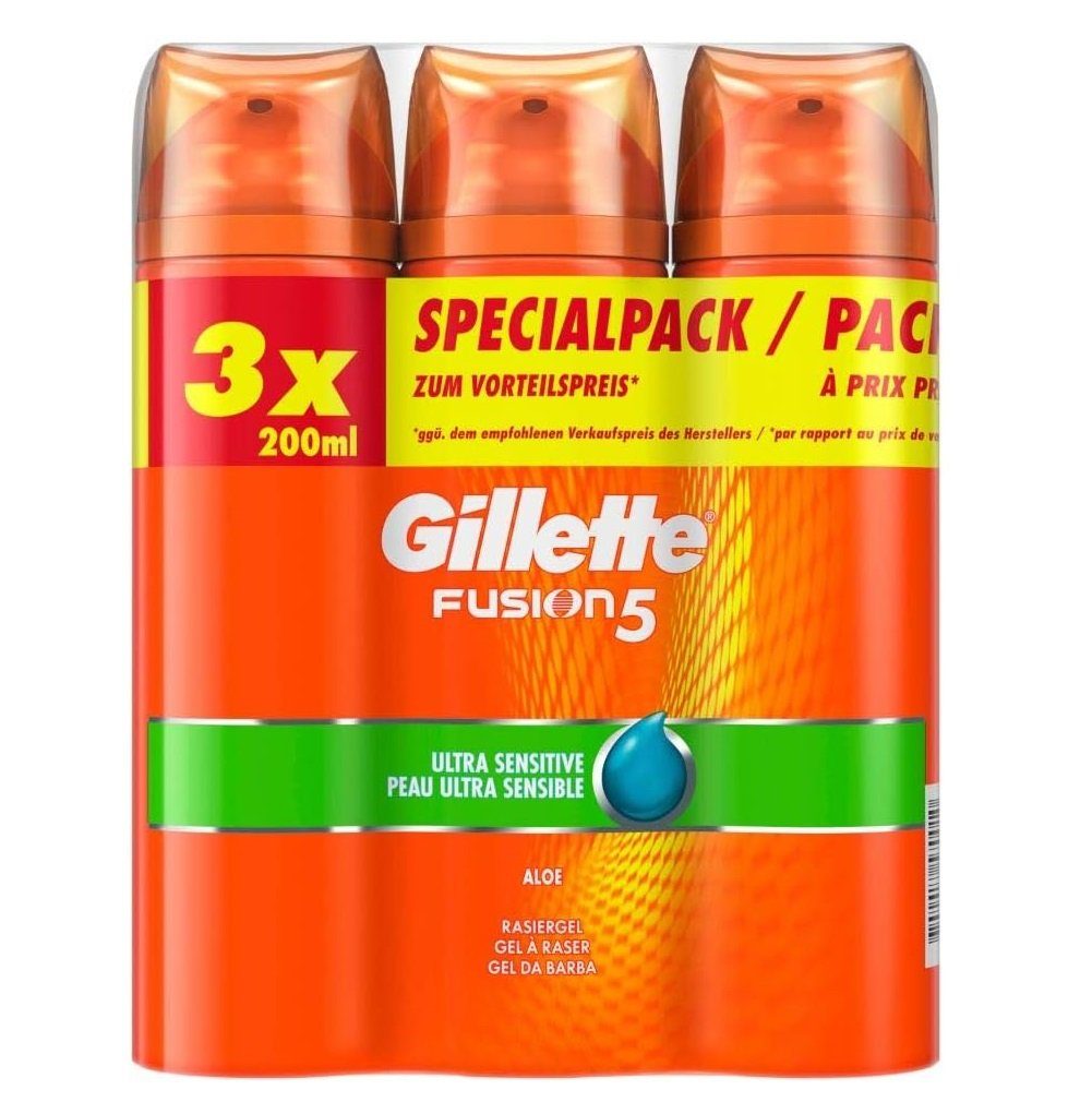 Gillette Rasiergel Gillette Fusion 5 Rasiergel 3x 200ml Rasur Bartpflege Shave Gel Set, 3-tlg., Feuchtigkeitsgel Бритви Zubehör Geschenkset für Männer und Frauen, schütz und kühlt die Haut, angenehmes und weiches Hautgefühl