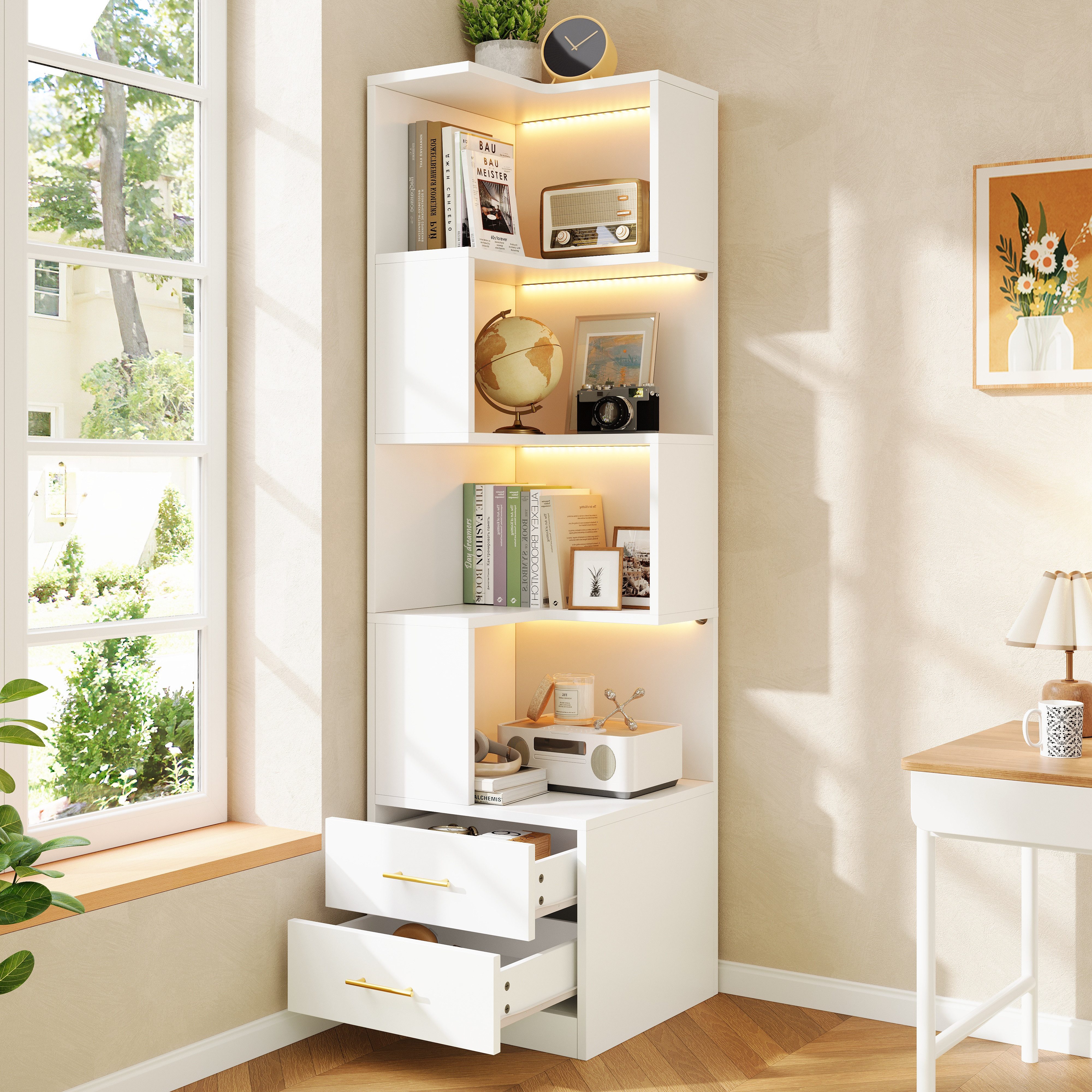 Flieks Bücherregal Eckregal mit LED-Beleuchtung, 5 Ebenen & 2 Schubladen Standregal, 45x45x165 cm 1-tlg., Eckbücherregal Eckschrank L-förmig Hochschrank Weiß, 4 Fächer