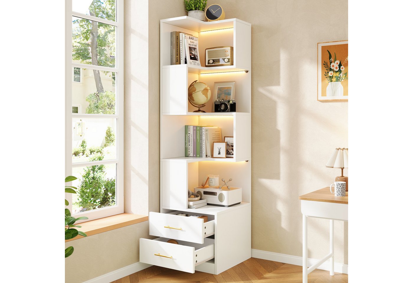Flieks Bücherregal Eckregal mit LED-Beleuchtung, 5 Ebenen & 2 Schubladen Standregal, 45x45x165 cm 1-tlg., Eckbücherregal Eckschrank L-förmig Hochschrank Weiß, 4 Fächer