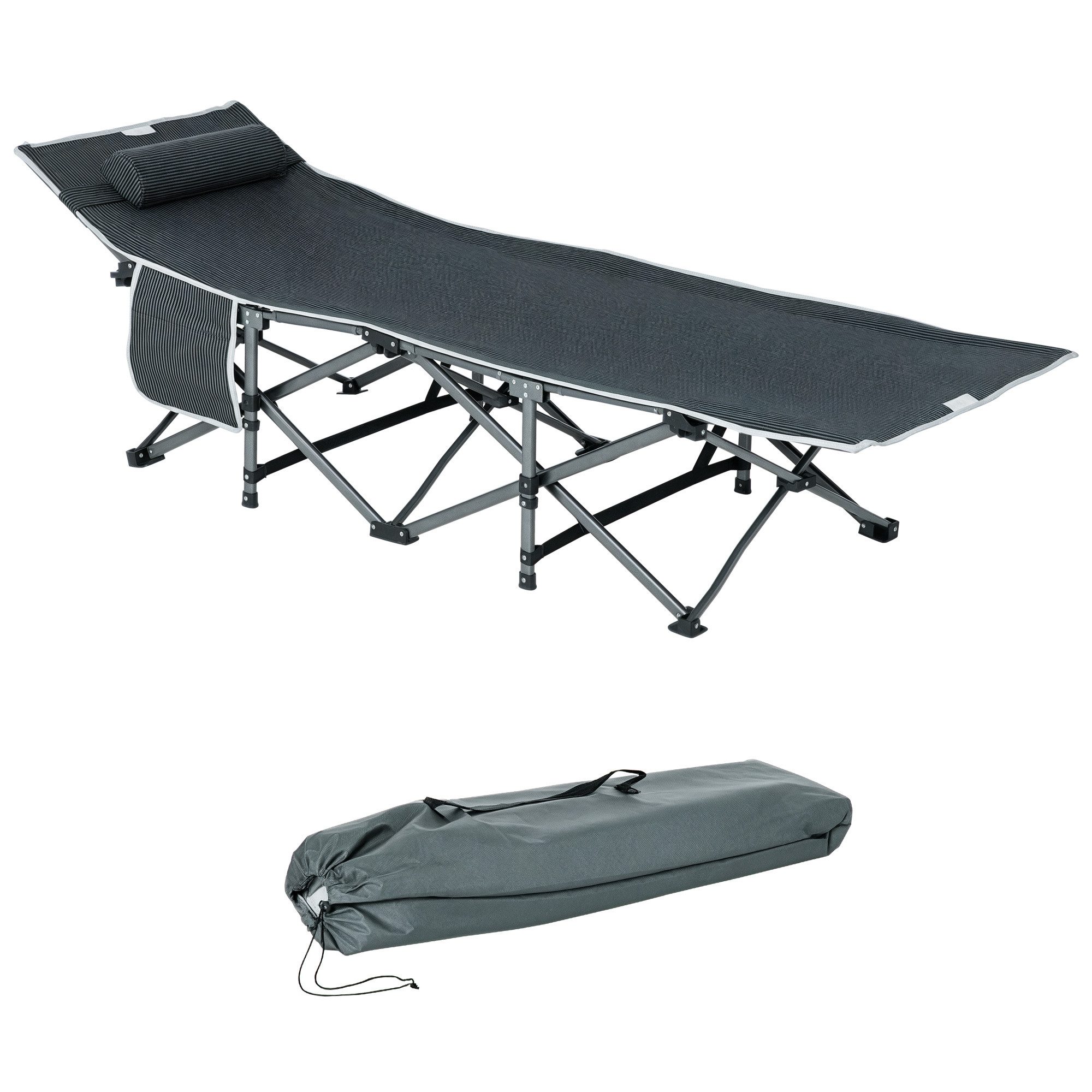 Outsunny Feldbett klappbares Klappbett (Campingbett mit Kopfkissen, Seitentasche, 1-St., Gästebett bis 150 kg belastbar) für Reisen, Outdoor, Oxford, Grau