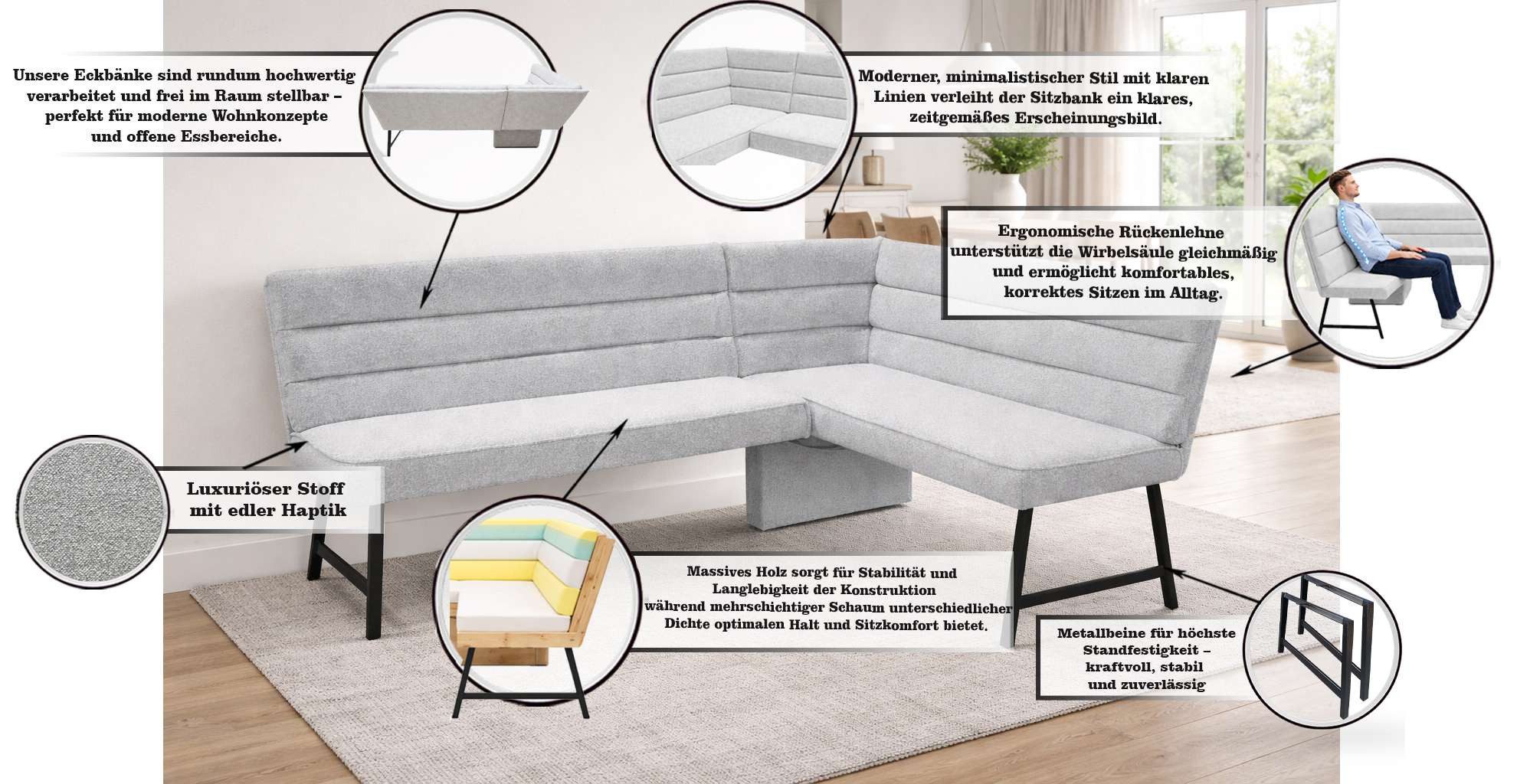 OTTO home Eckbank Oregon Küchenbank, Polsterbank, Esszimmerbank, 177x140 cm, Moderne Bank und Farben, Sitzplatzanzahl: 4/5, Frei in Raum stellbar