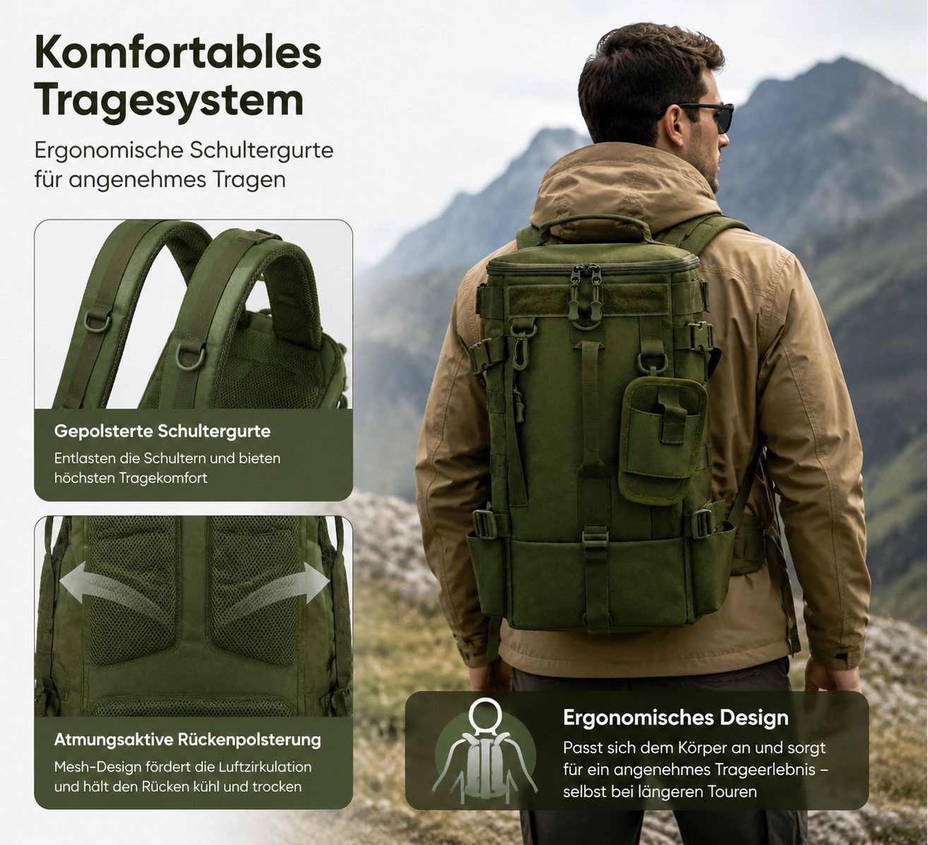 ibettertec Reiserucksack Outdoor Rucksack Multifunktionaler Trekkingrucksack mit MOLLE-System (Wanderrucksack Trekking Rucksack mit vielen Taschen, wasserdicht, Militär Rucksack), für Fitnessstudio Arbeit Camping, Herren Damen